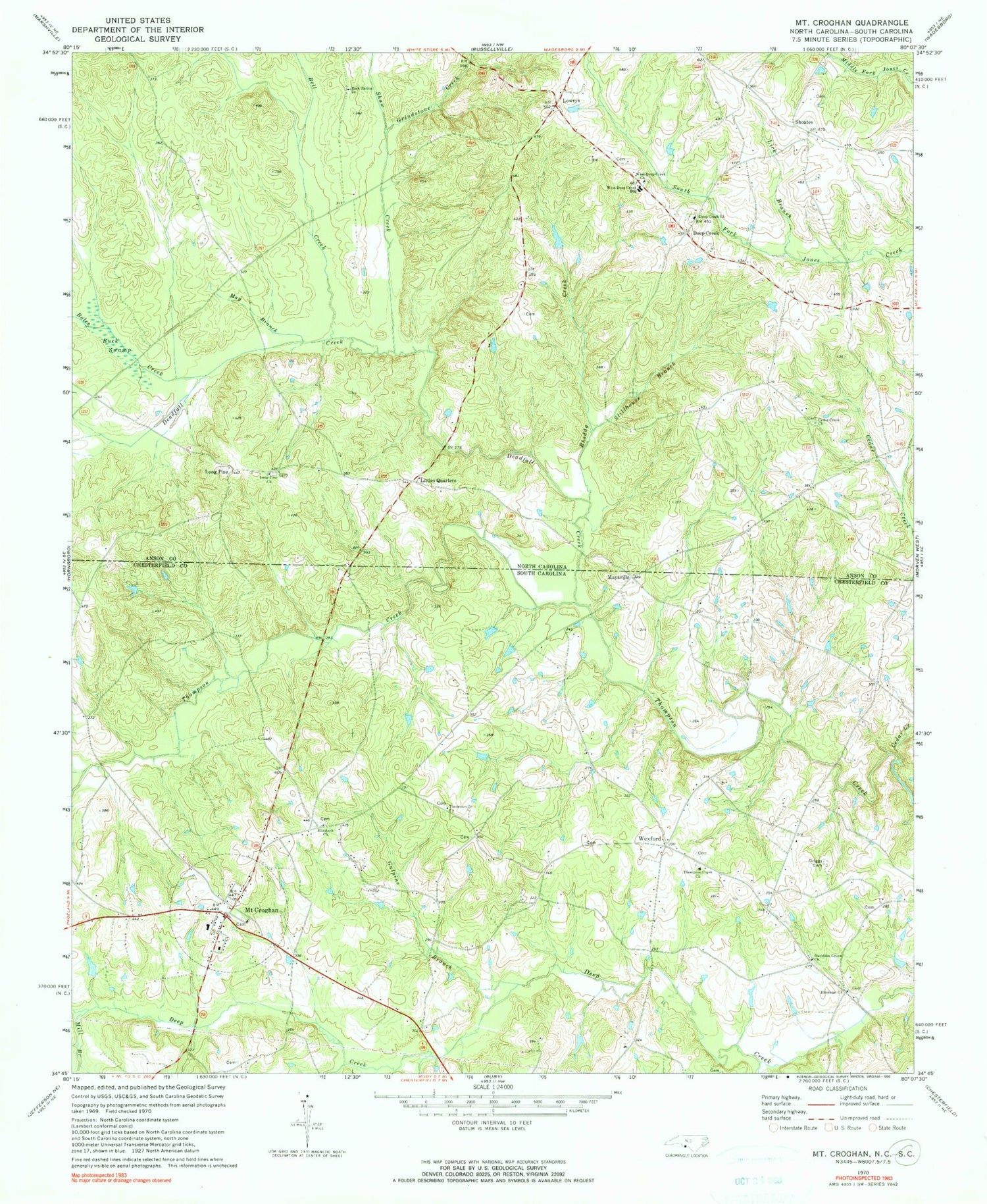 Classic USGS Mount Croghan South Carolina 7.5'x7.5' Topo Map Image
