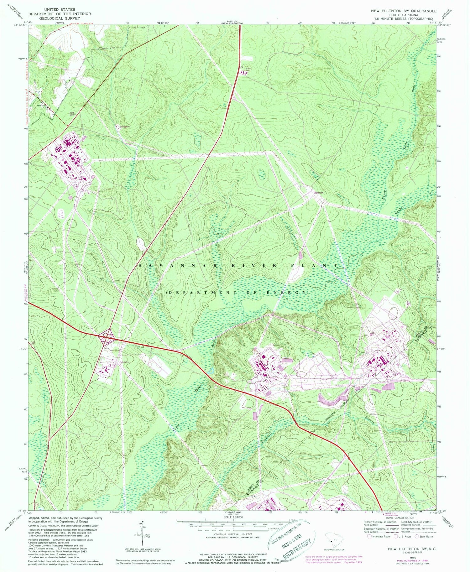 Classic USGS New Ellenton SW South Carolina 7.5'x7.5' Topo Map Image
