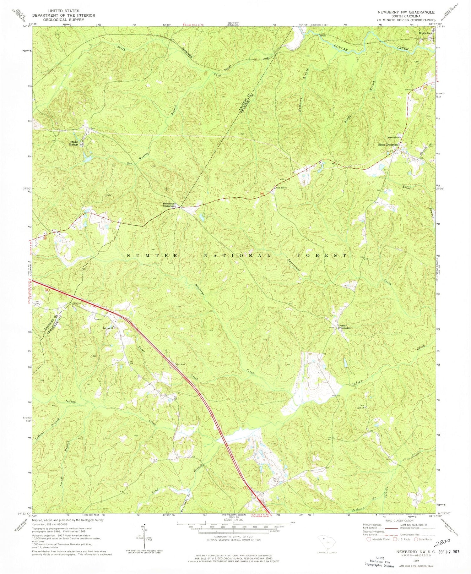 Classic USGS Newberry NW South Carolina 7.5'x7.5' Topo Map Image