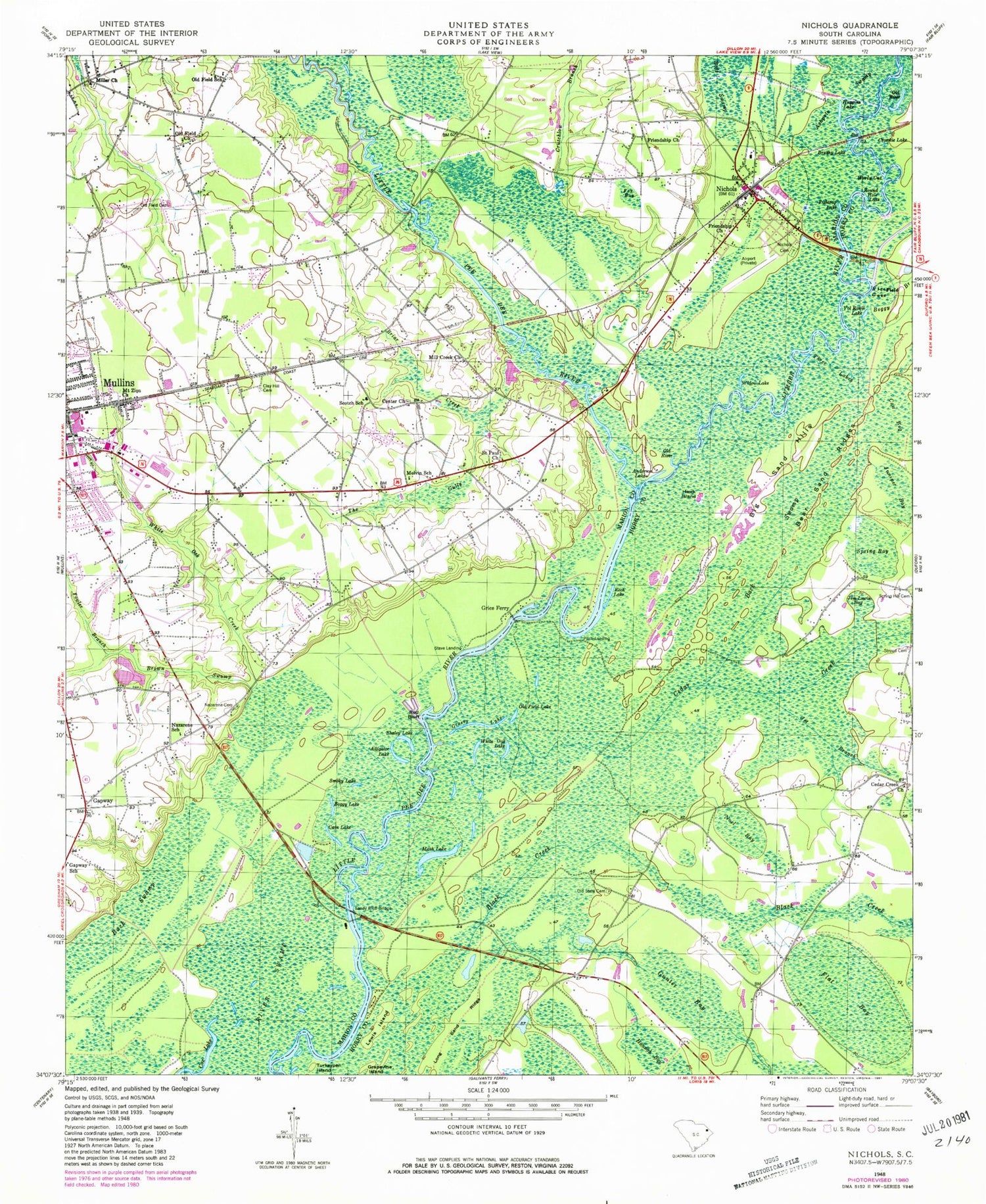 Classic USGS Nichols South Carolina 7.5'x7.5' Topo Map Image