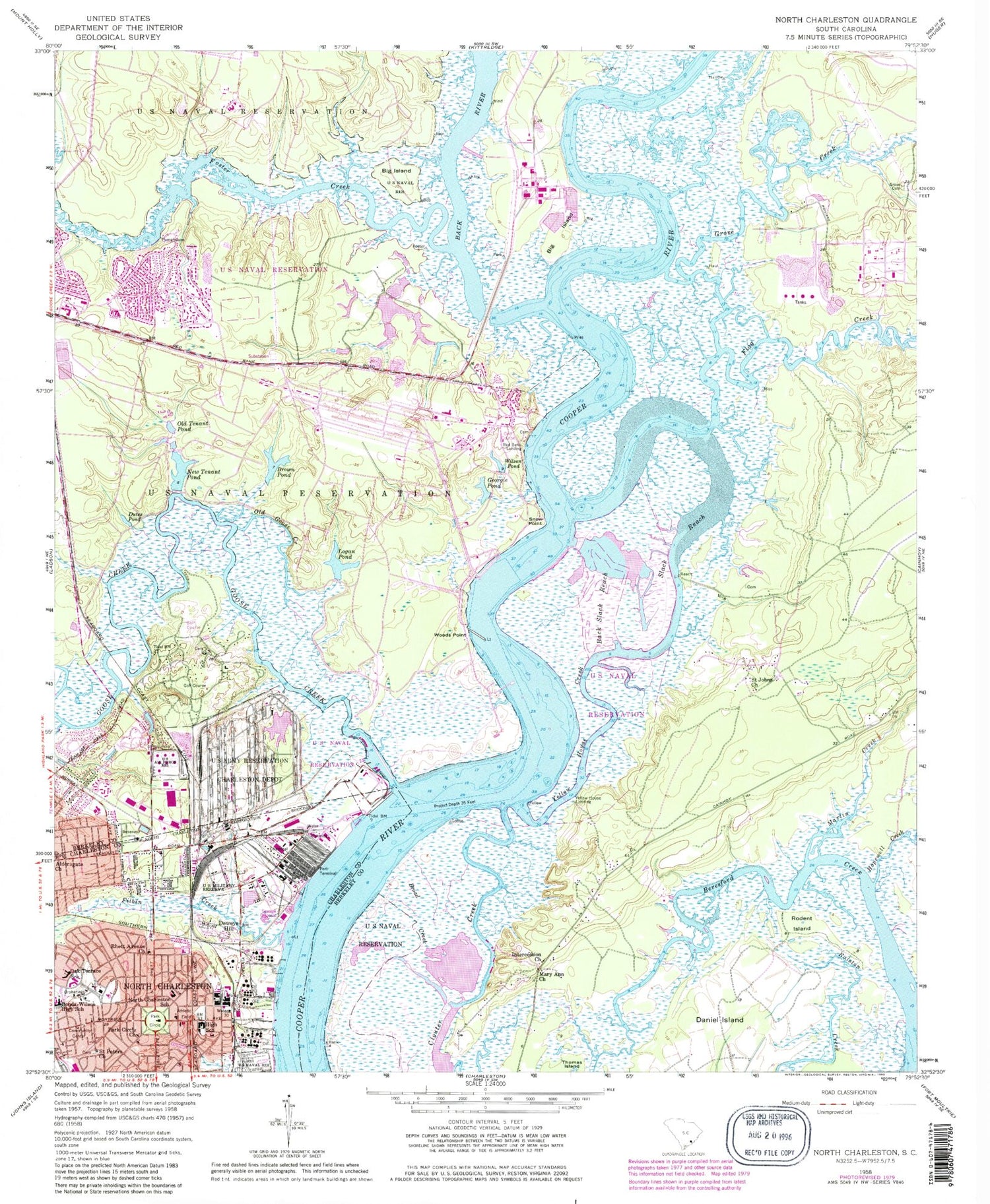 Classic USGS North Charleston South Carolina 7.5'x7.5' Topo Map Image