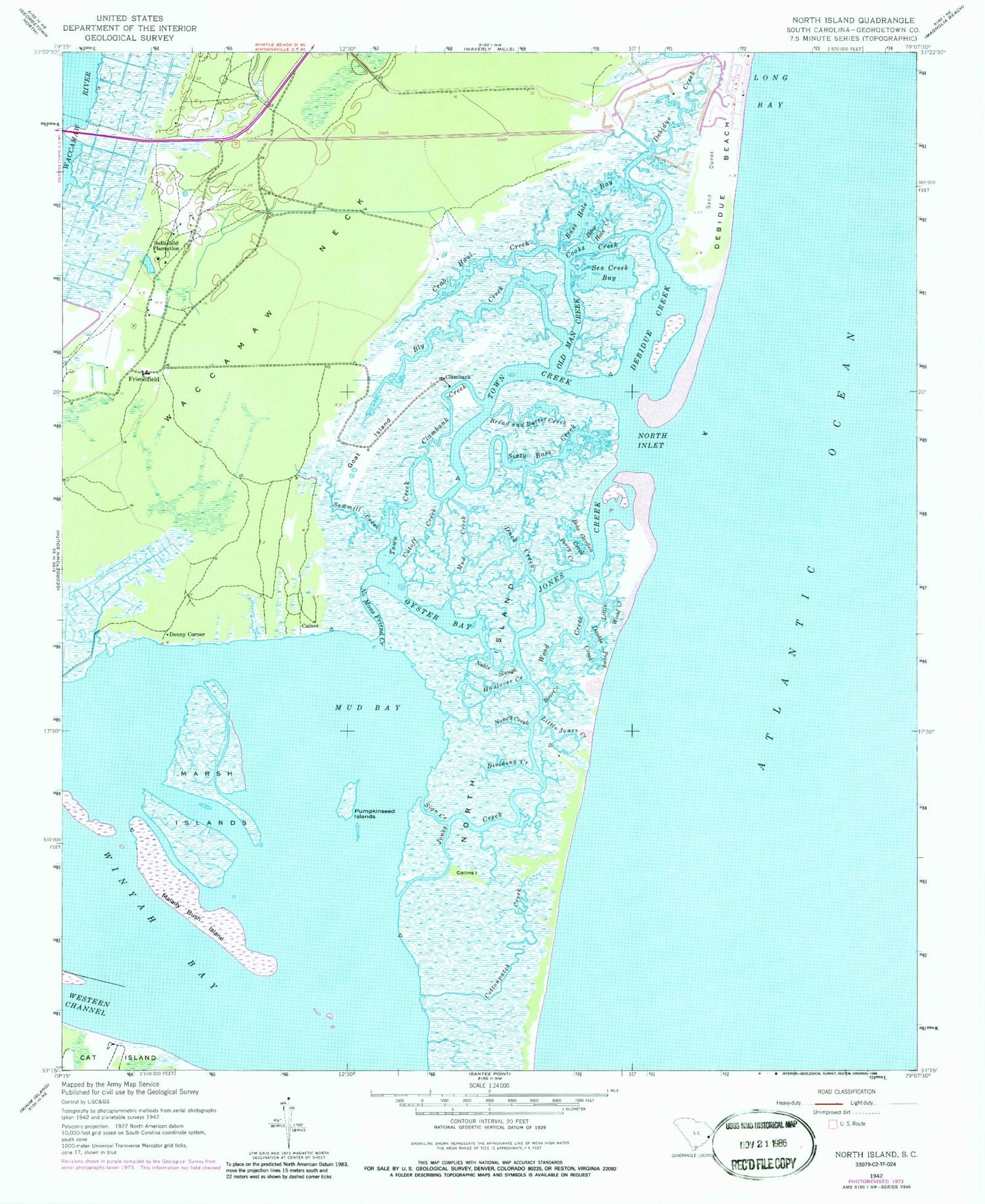 Classic USGS North Island South Carolina 7.5'x7.5' Topo Map Image