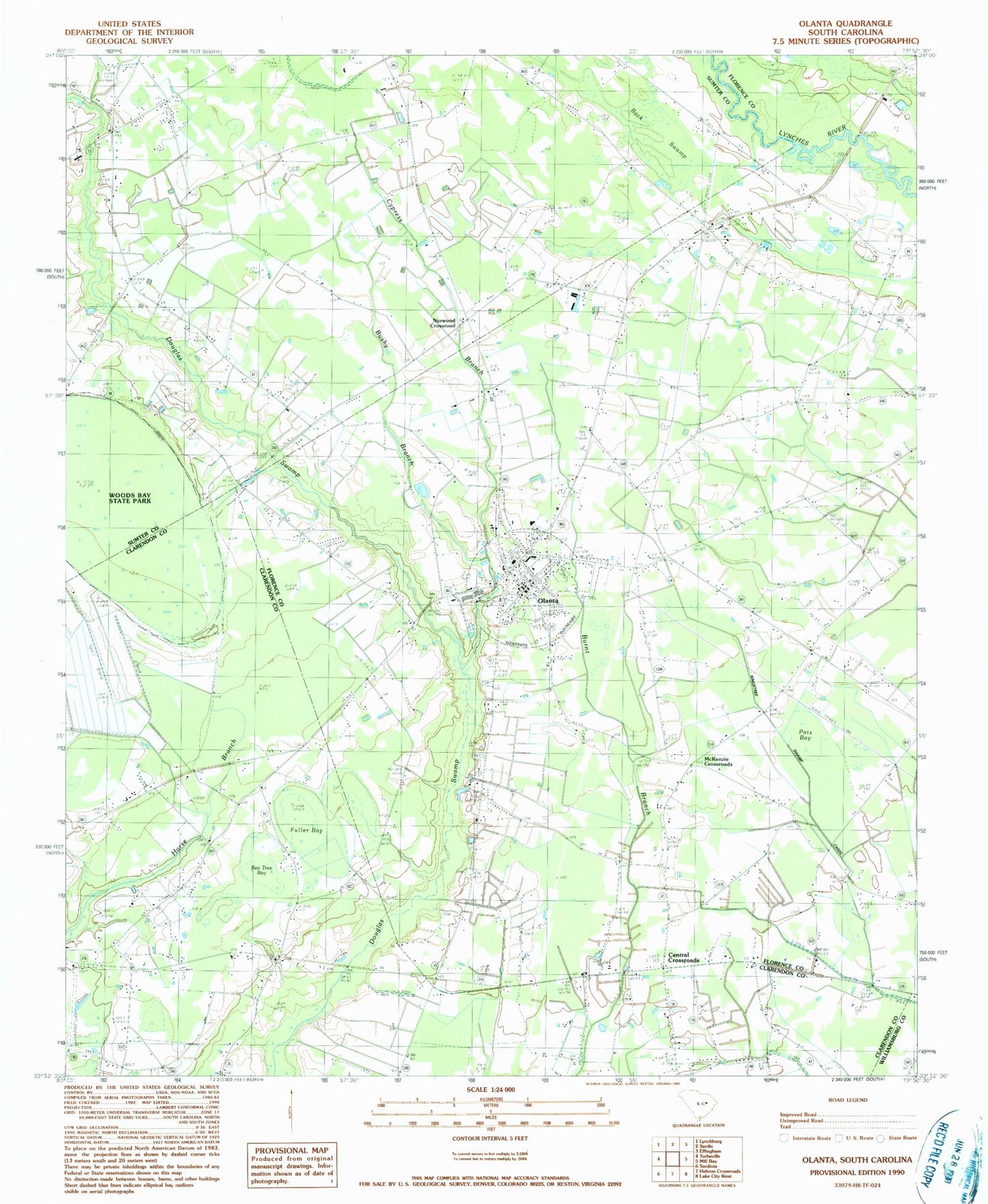 Classic USGS Olanta South Carolina 7.5'x7.5' Topo Map Image
