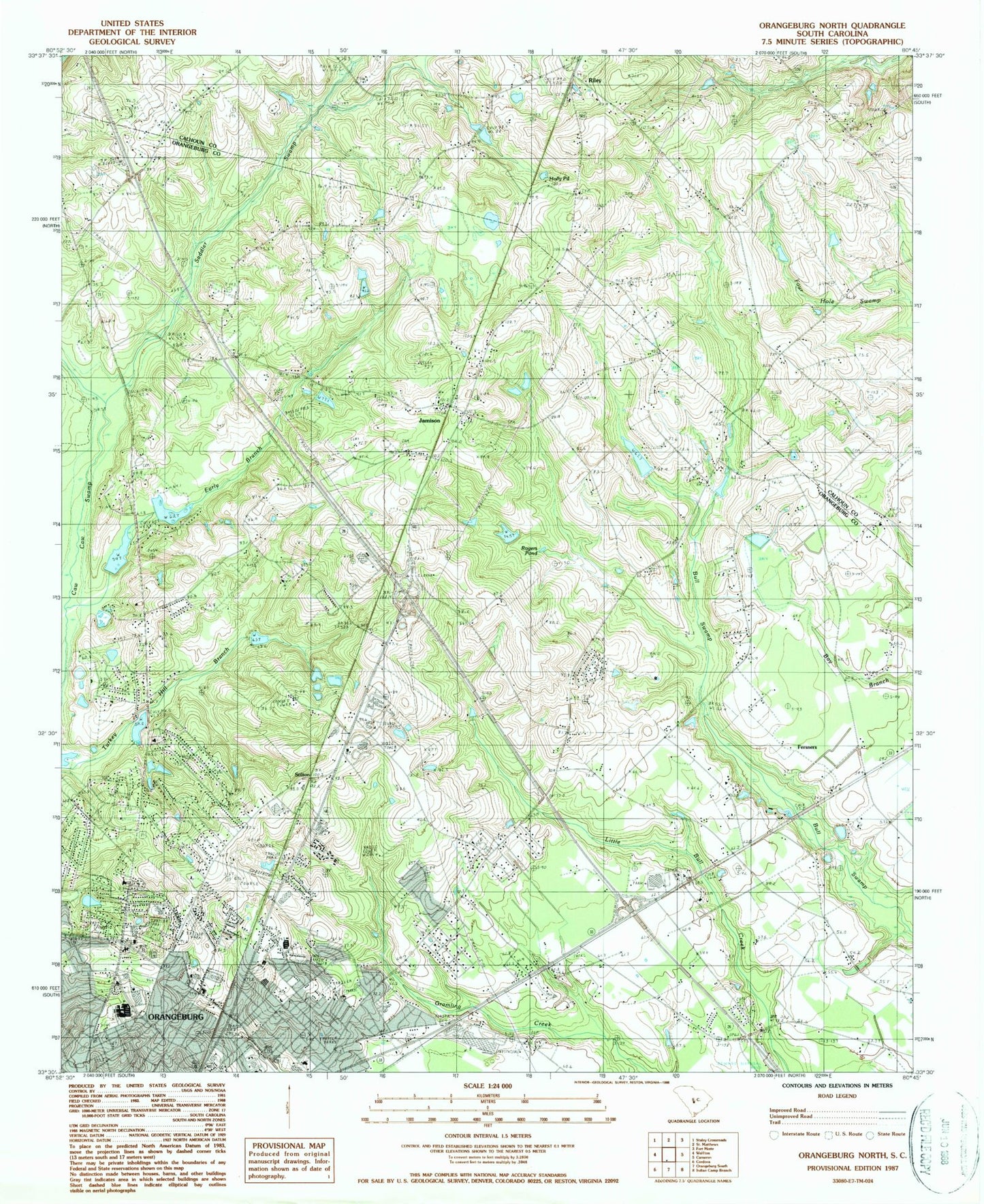 Classic USGS Orangeburg North South Carolina 7.5'x7.5' Topo Map Image