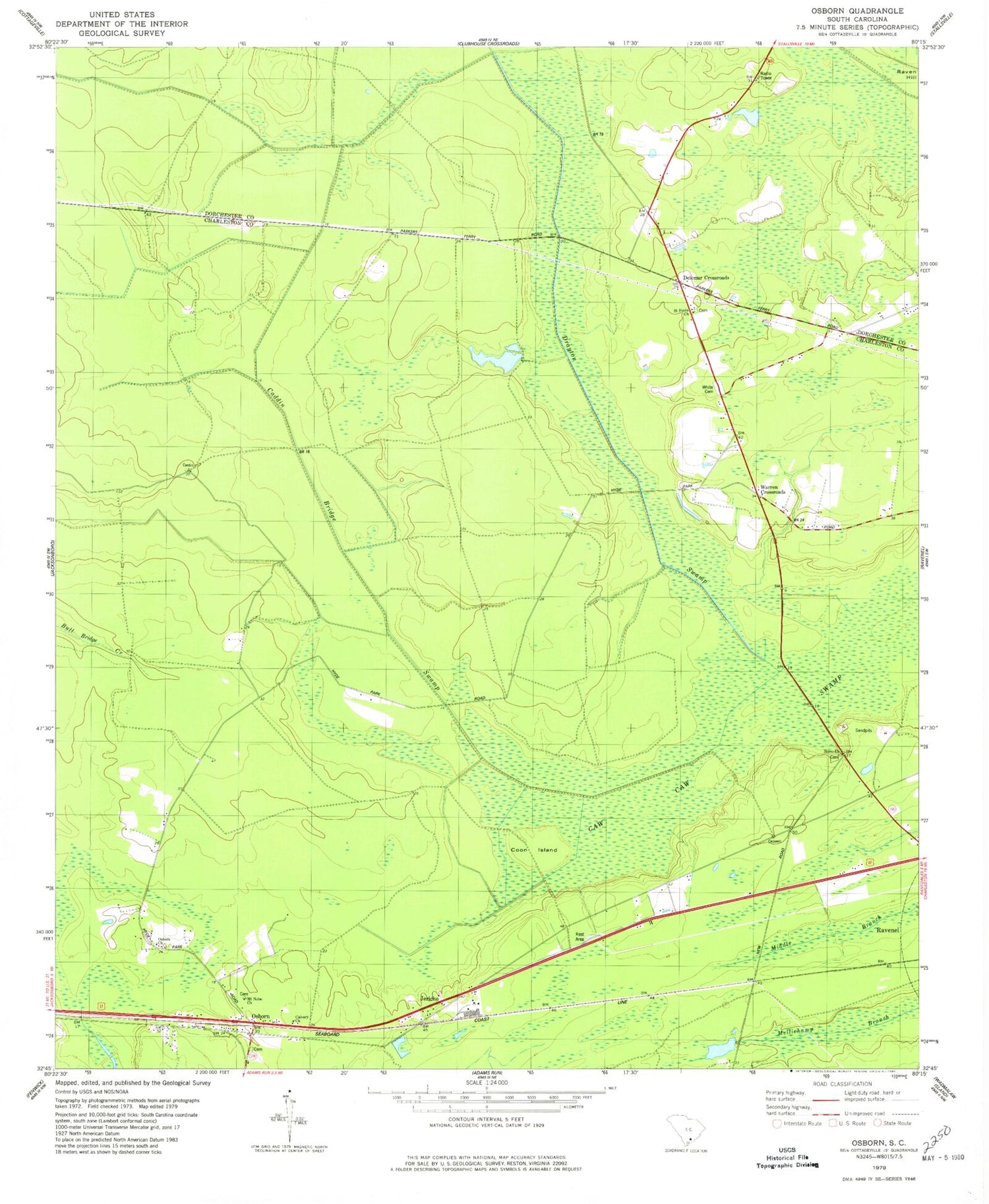 Classic USGS Osborn South Carolina 7.5'x7.5' Topo Map Image