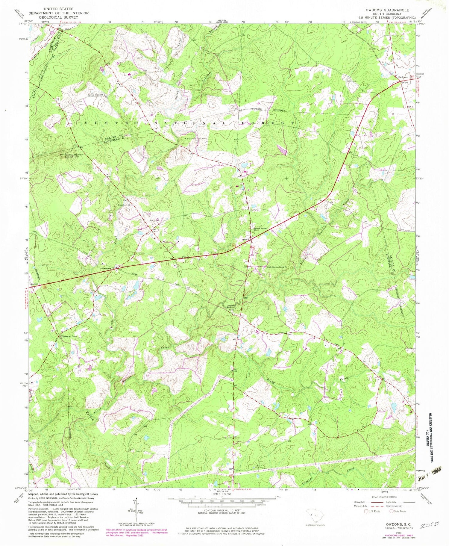 Classic USGS Owdoms South Carolina 7.5'x7.5' Topo Map Image