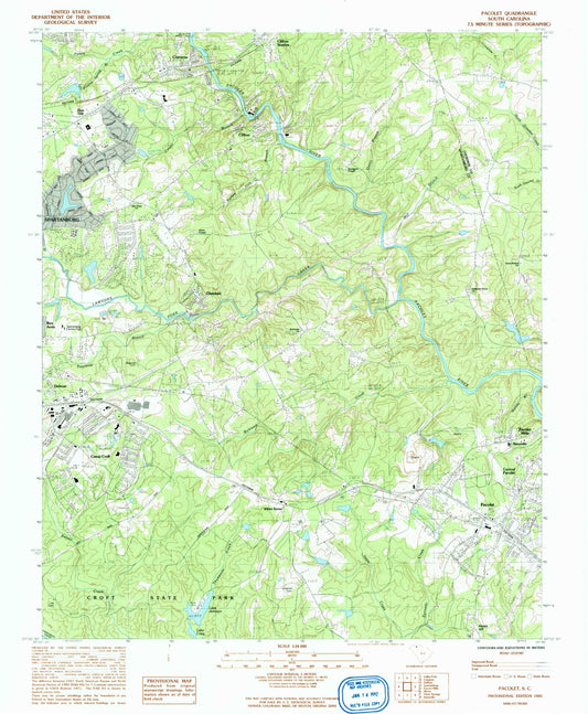 Classic USGS Pacolet South Carolina 7.5'x7.5' Topo Map Image