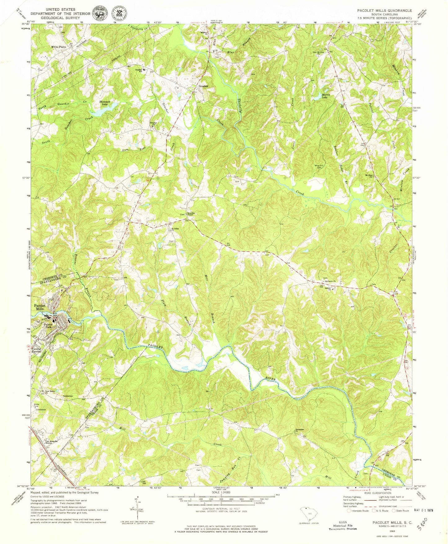 Classic USGS Pacolet Mills South Carolina 7.5'x7.5' Topo Map Image