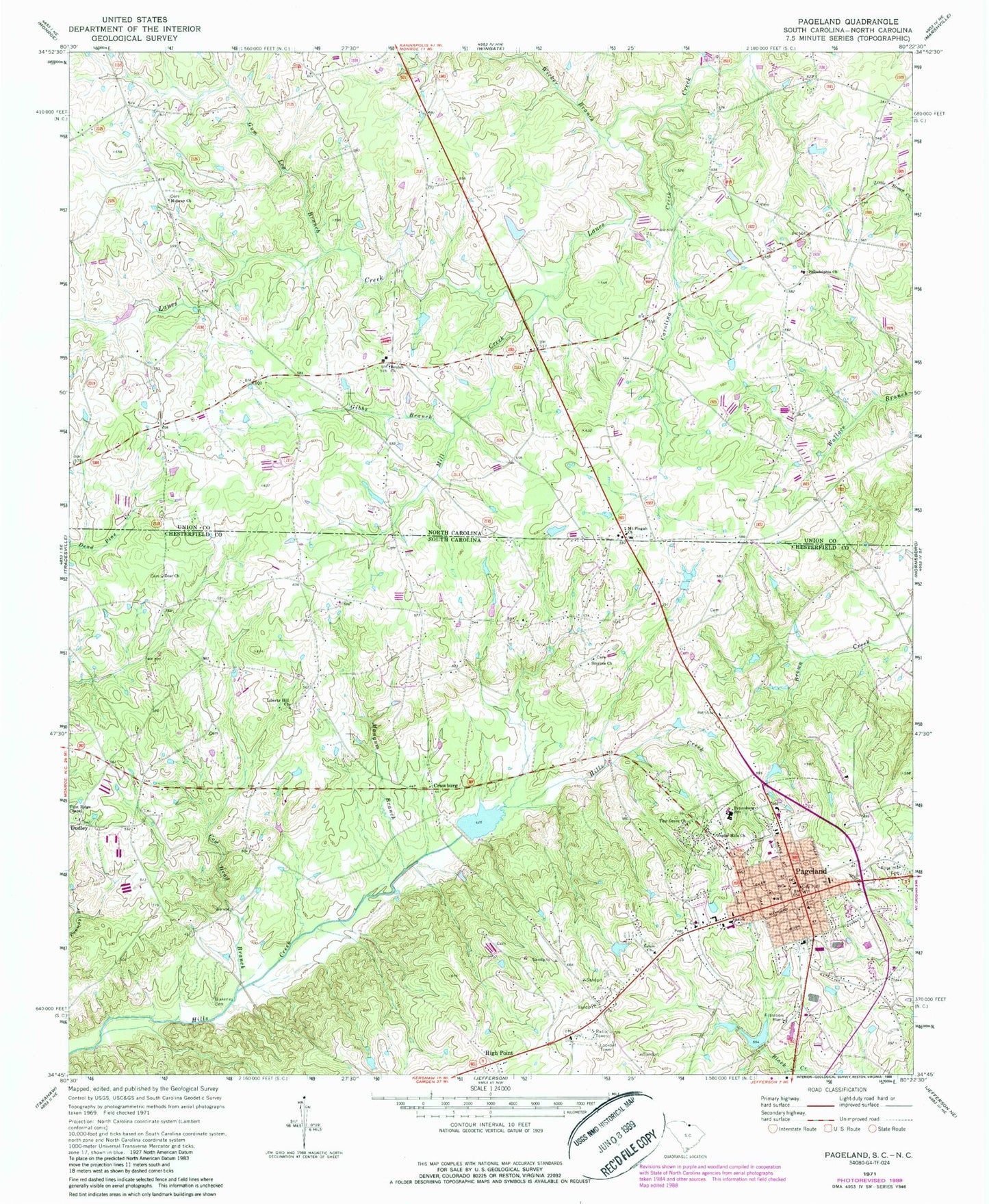Classic USGS Pageland South Carolina 7.5'x7.5' Topo Map Image