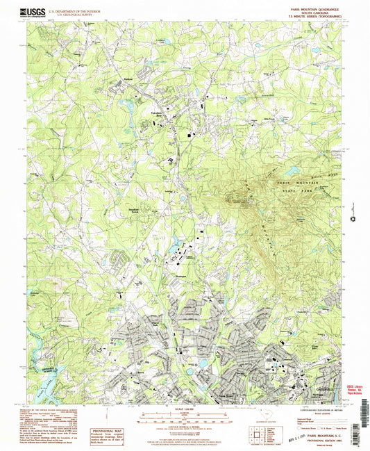 Classic USGS Paris Mountain South Carolina 7.5'x7.5' Topo Map Image
