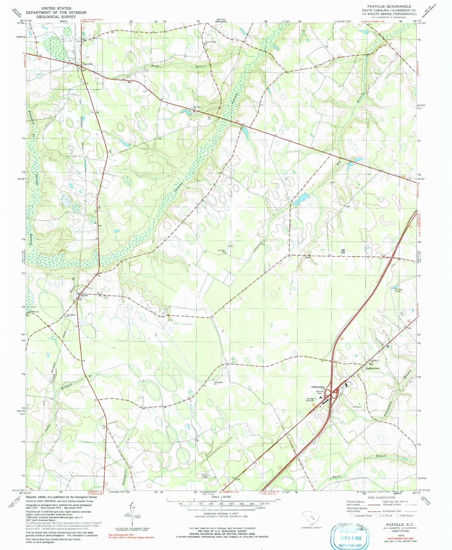 Classic USGS Paxville South Carolina 7.5'x7.5' Topo Map Image