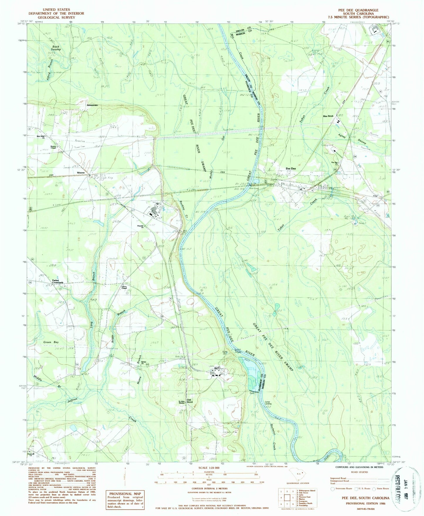 Classic USGS Pee Dee South Carolina 7.5'x7.5' Topo Map Image