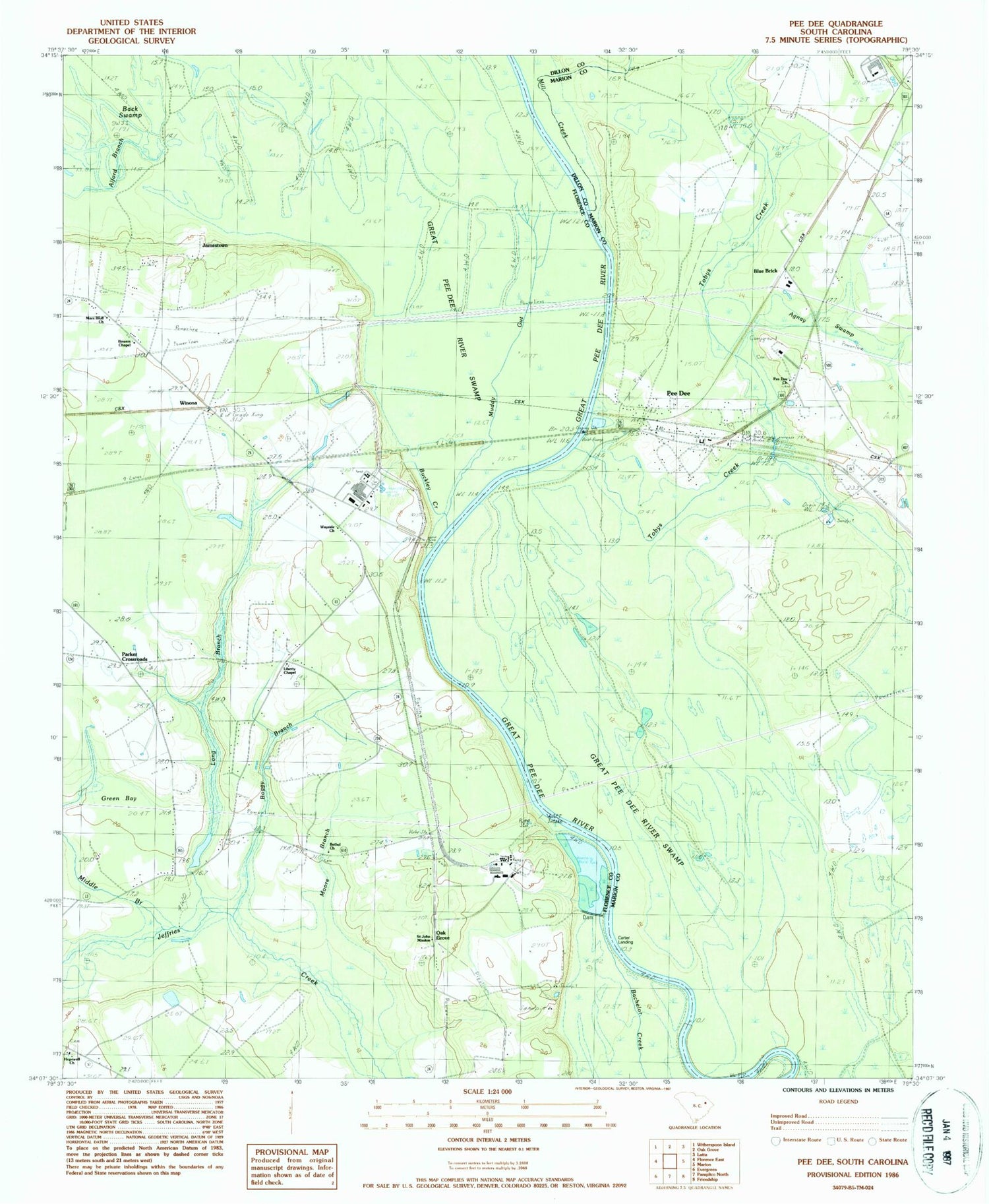 Classic USGS Pee Dee South Carolina 7.5'x7.5' Topo Map Image