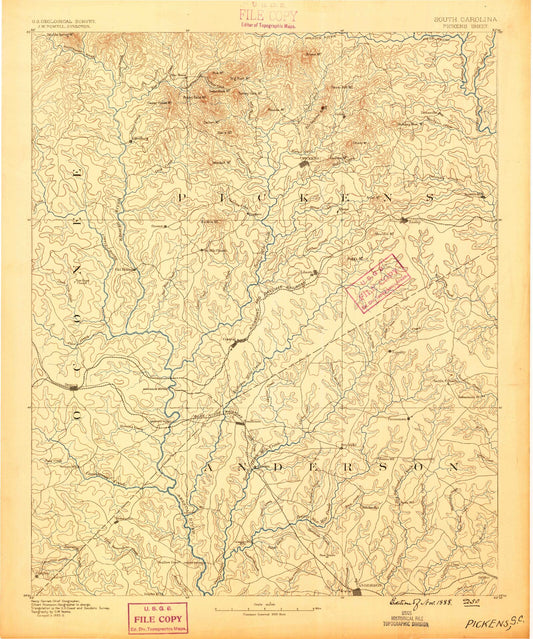 Historic 1888 Pickens South Carolina 30'x30' Topo Map Image