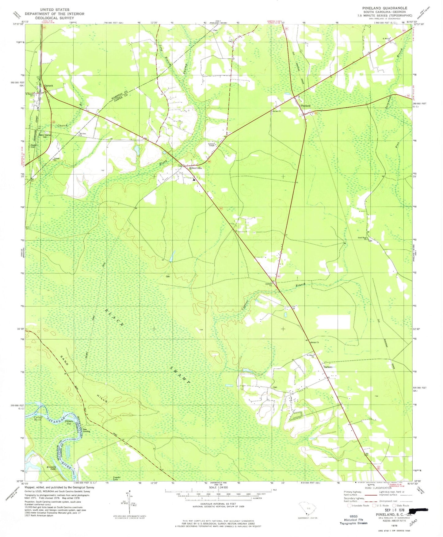 Classic USGS Pineland South Carolina 7.5'x7.5' Topo Map Image