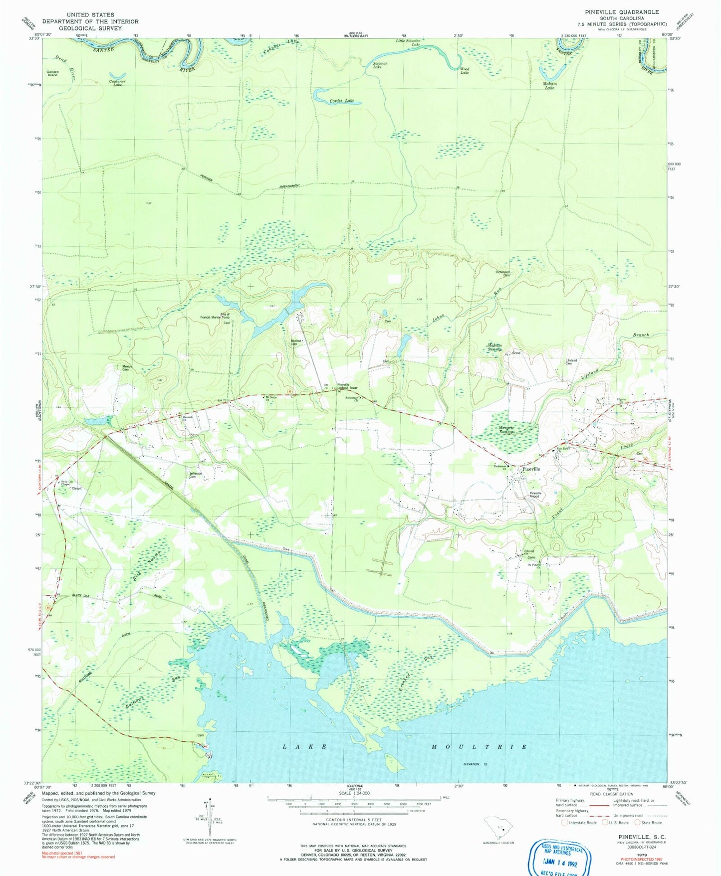 Classic USGS Pineville South Carolina 7.5'x7.5' Topo Map Image