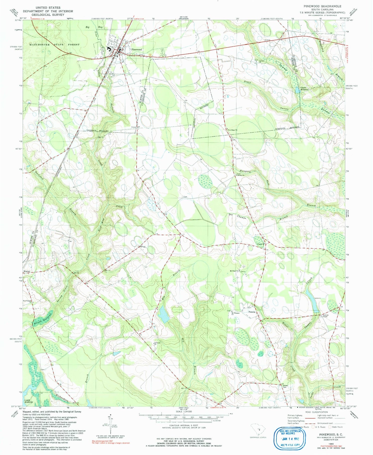 Classic USGS Pinewood South Carolina 7.5'x7.5' Topo Map Image