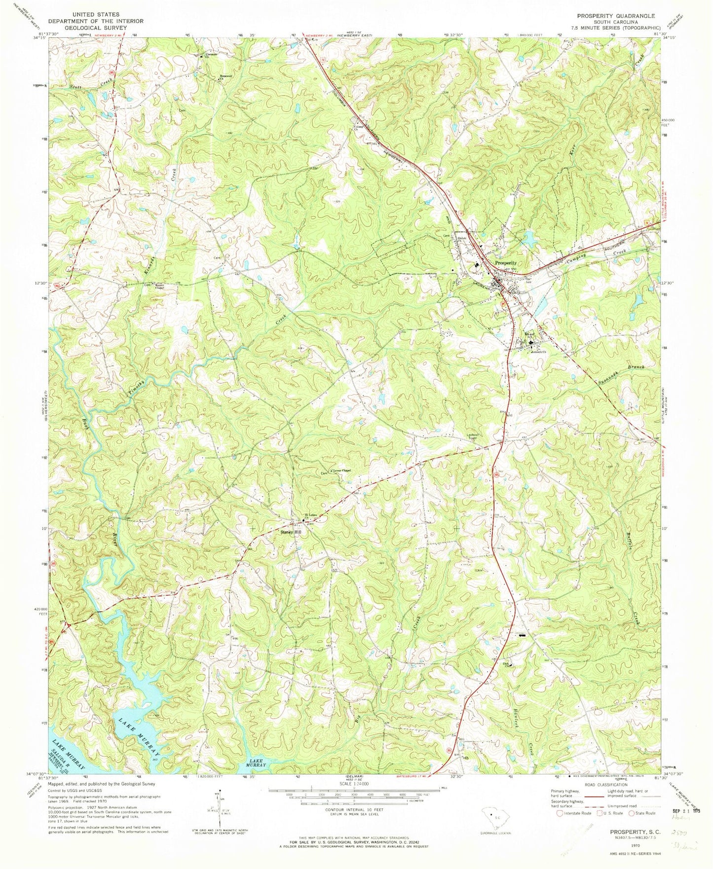 Classic USGS Prosperity South Carolina 7.5'x7.5' Topo Map Image