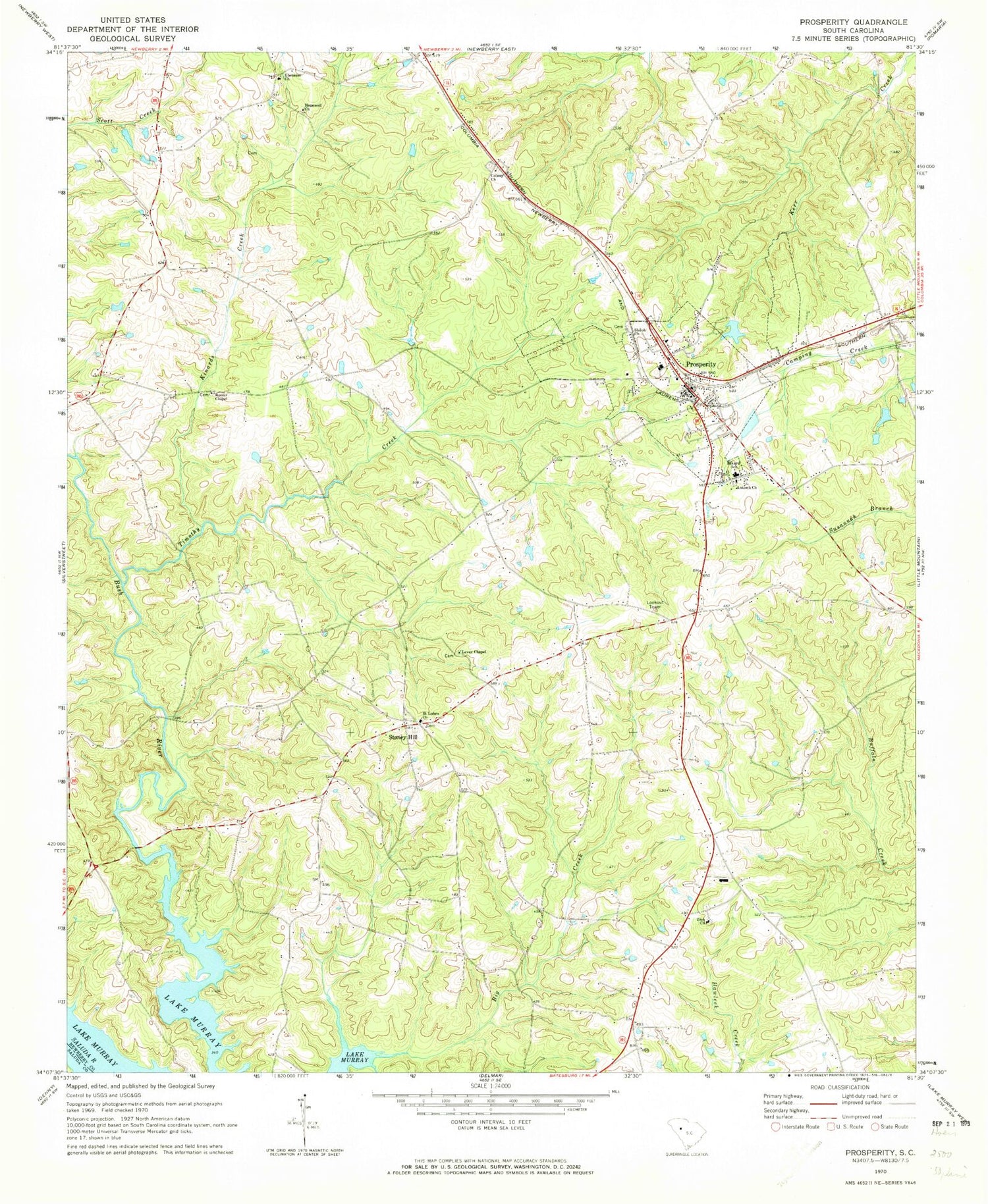 Classic USGS Prosperity South Carolina 7.5'x7.5' Topo Map Image