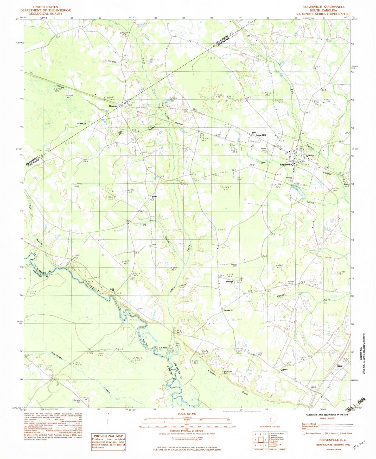 Classic USGS Reevesville South Carolina 7.5'x7.5' Topo Map Image