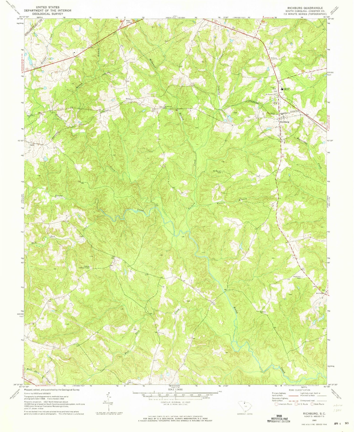 Classic USGS Richburg South Carolina 7.5'x7.5' Topo Map Image
