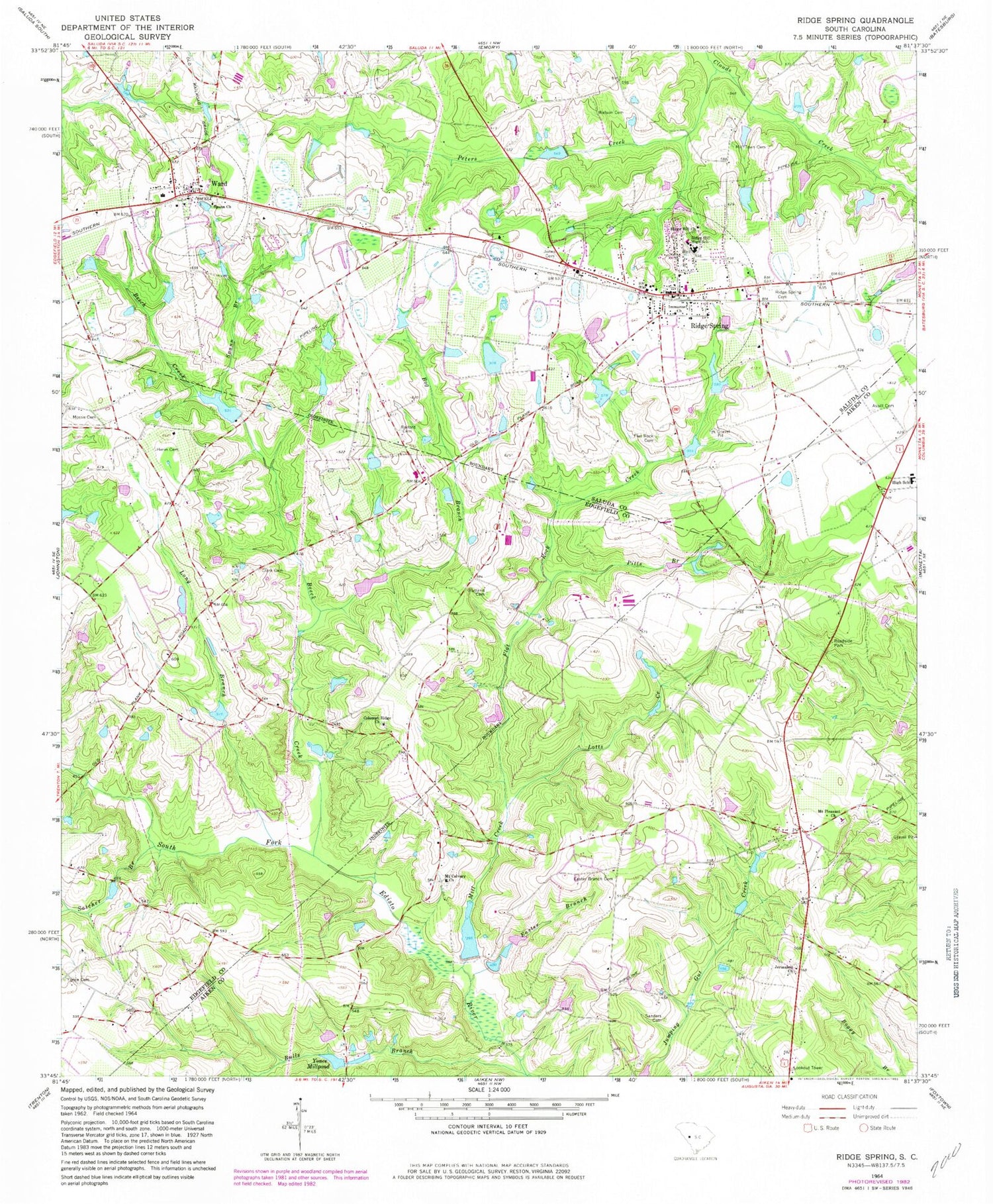 Classic USGS Ridge Spring South Carolina 7.5'x7.5' Topo Map Image