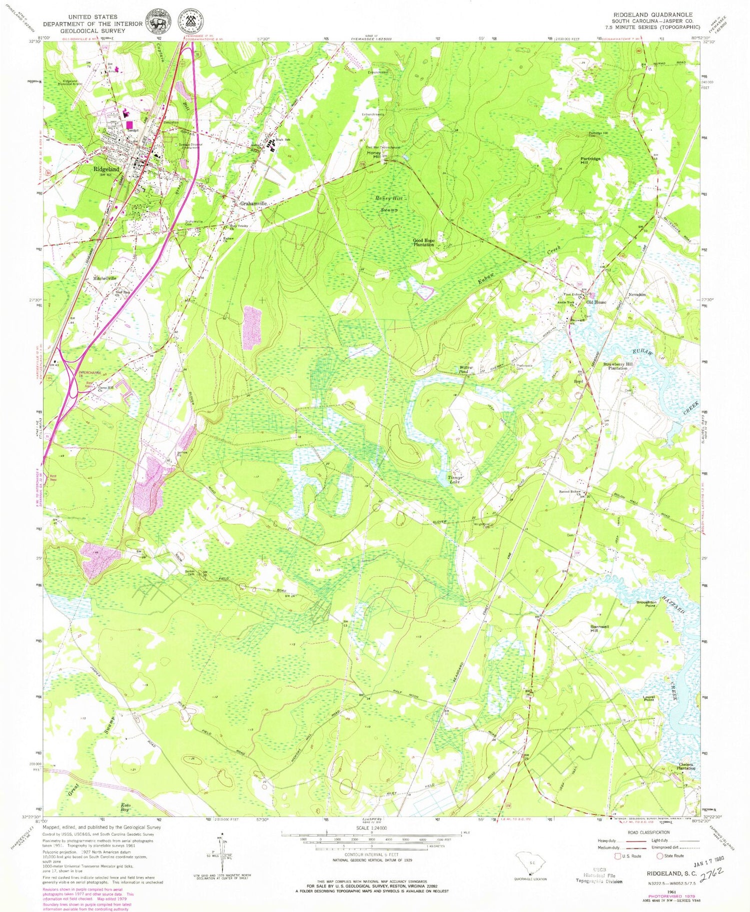 Classic USGS Ridgeland South Carolina 7.5'x7.5' Topo Map Image