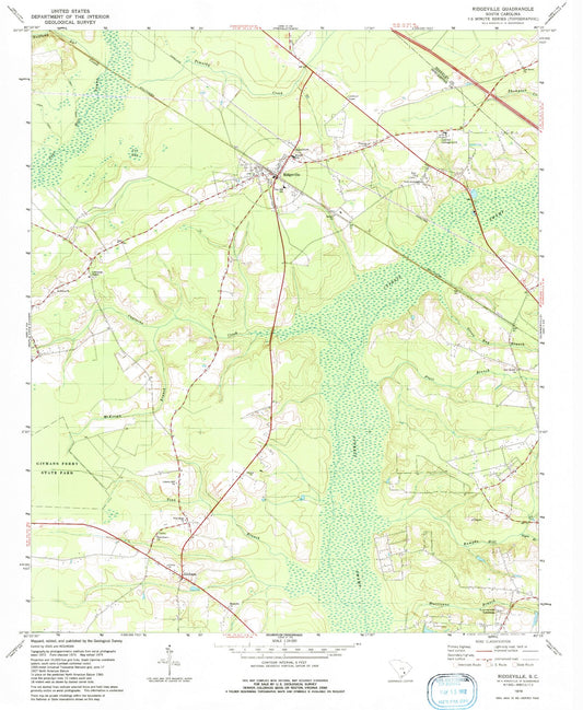 Classic USGS Ridgeville South Carolina 7.5'x7.5' Topo Map Image