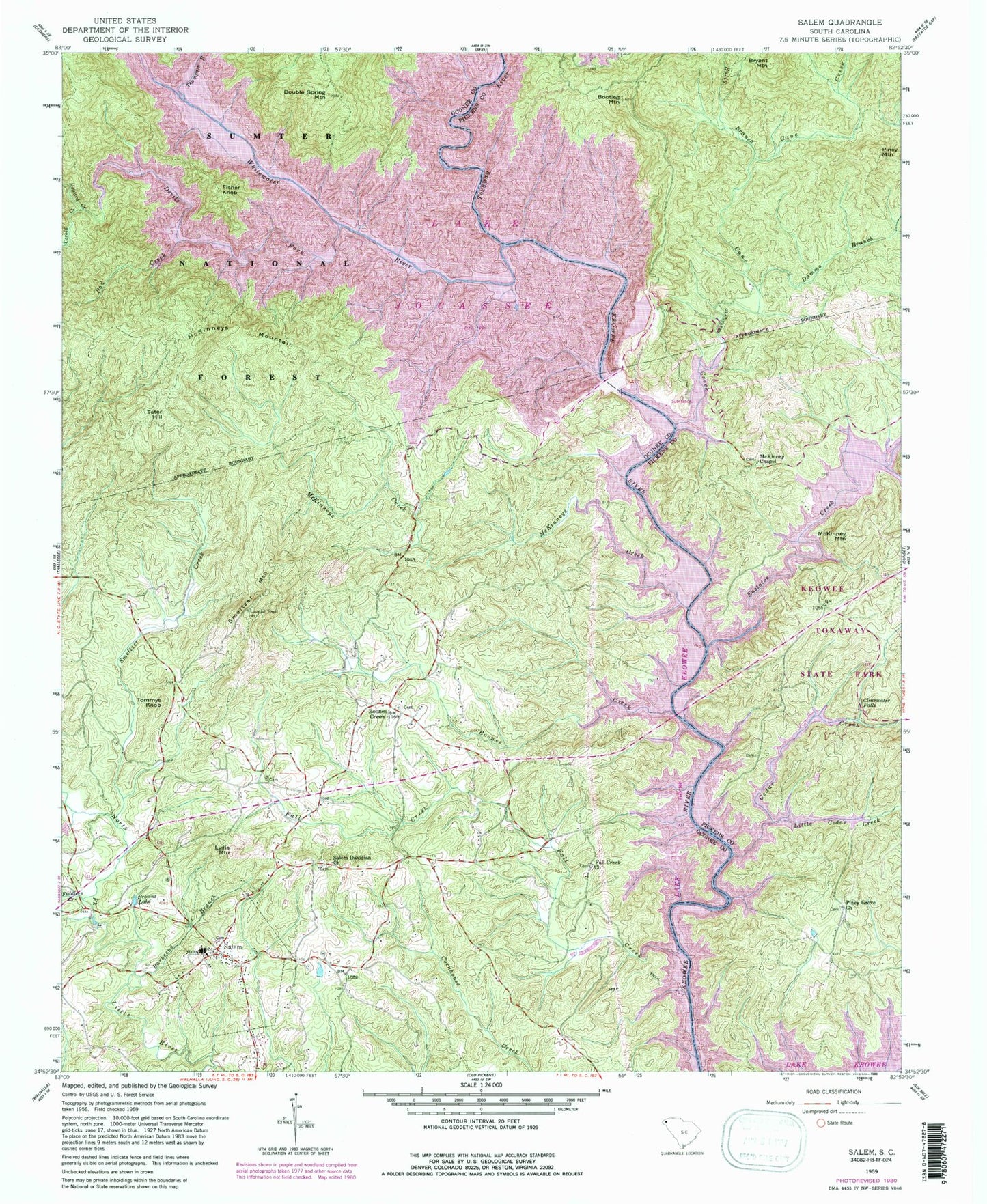 Classic USGS Salem South Carolina 7.5'x7.5' Topo Map Image