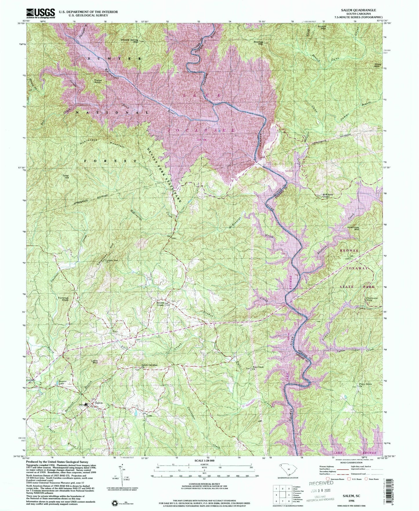 Classic USGS Salem South Carolina 7.5'x7.5' Topo Map Image