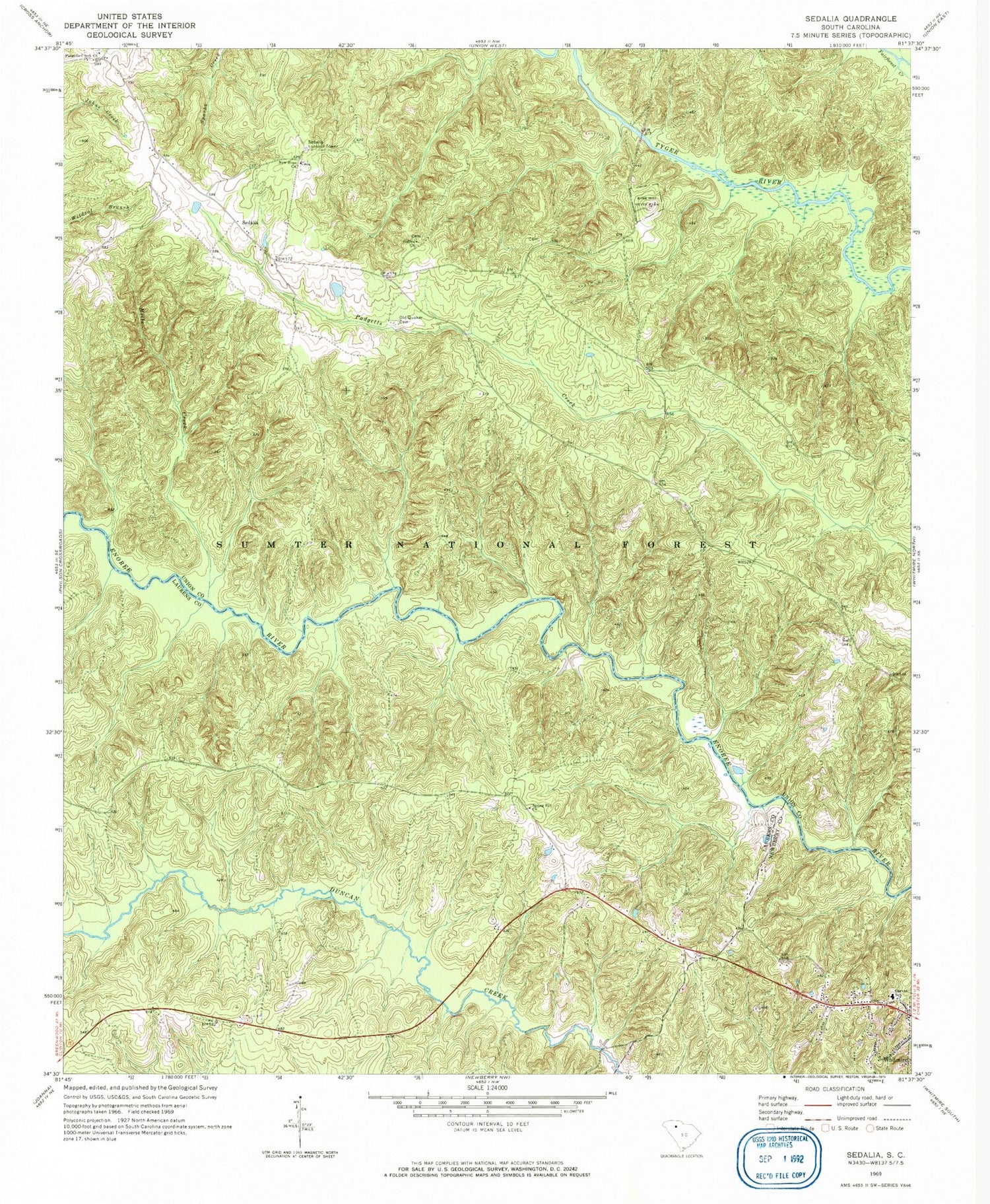 Classic USGS Sedalia South Carolina 7.5'x7.5' Topo Map Image