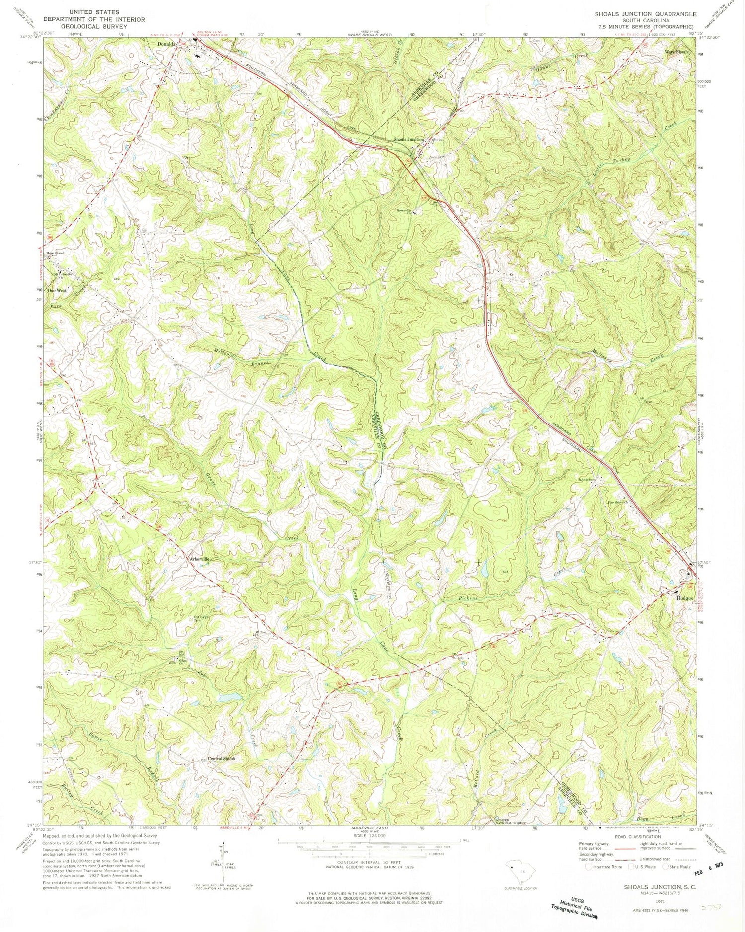 Classic USGS Shoals Junction South Carolina 7.5'x7.5' Topo Map Image