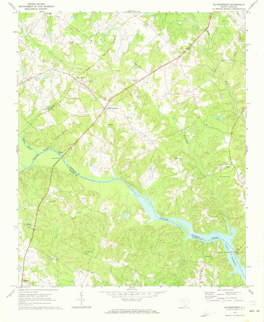 Classic USGS Silverstreet South Carolina 7.5'x7.5' Topo Map Image