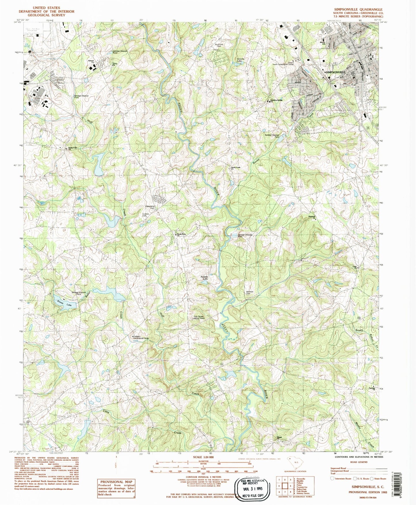 Classic USGS Simpsonville South Carolina 7.5'x7.5' Topo Map Image