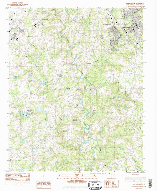 Classic USGS Simpsonville South Carolina 7.5'x7.5' Topo Map Image