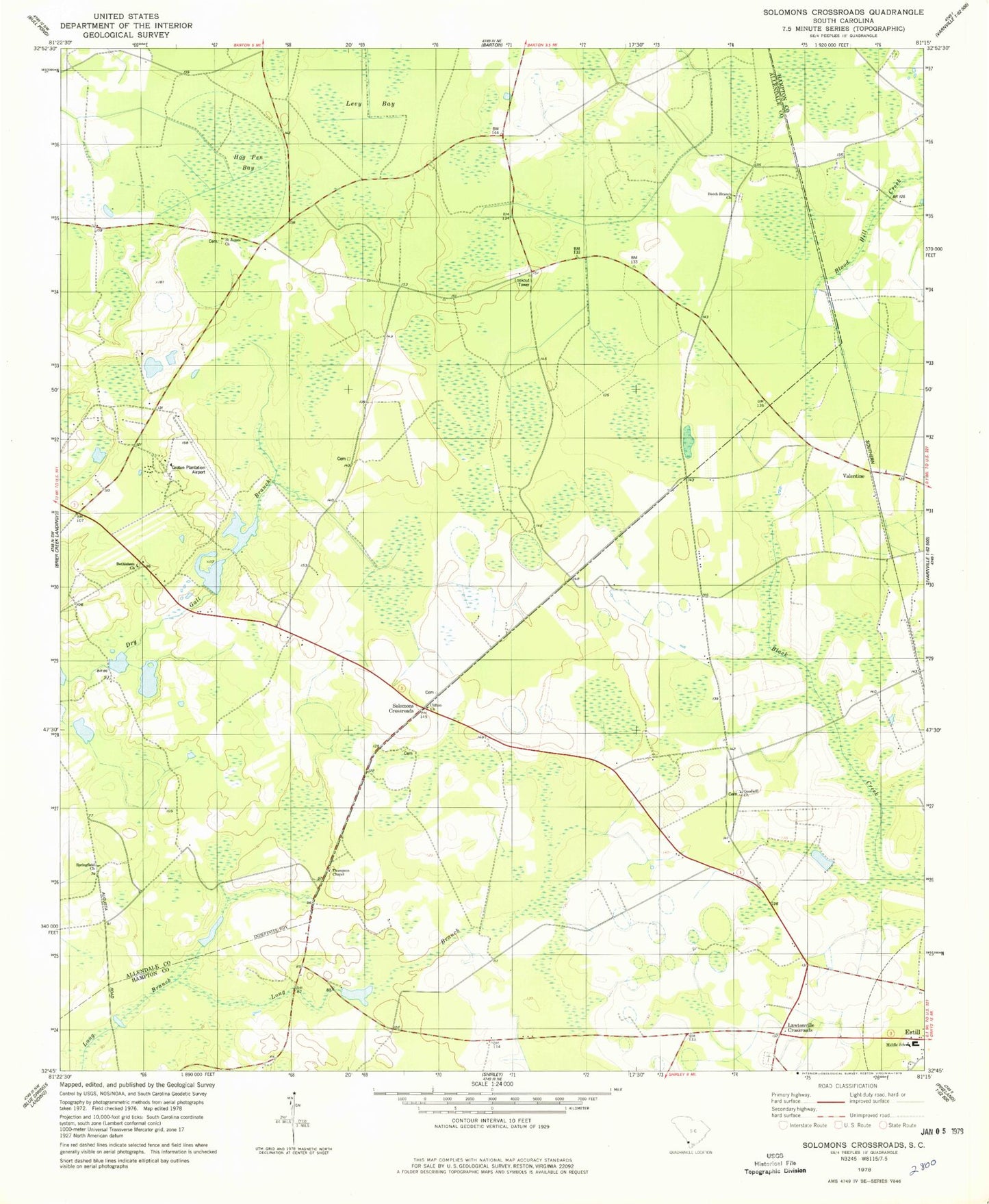Classic USGS Solomons Crossroads South Carolina 7.5'x7.5' Topo Map Image