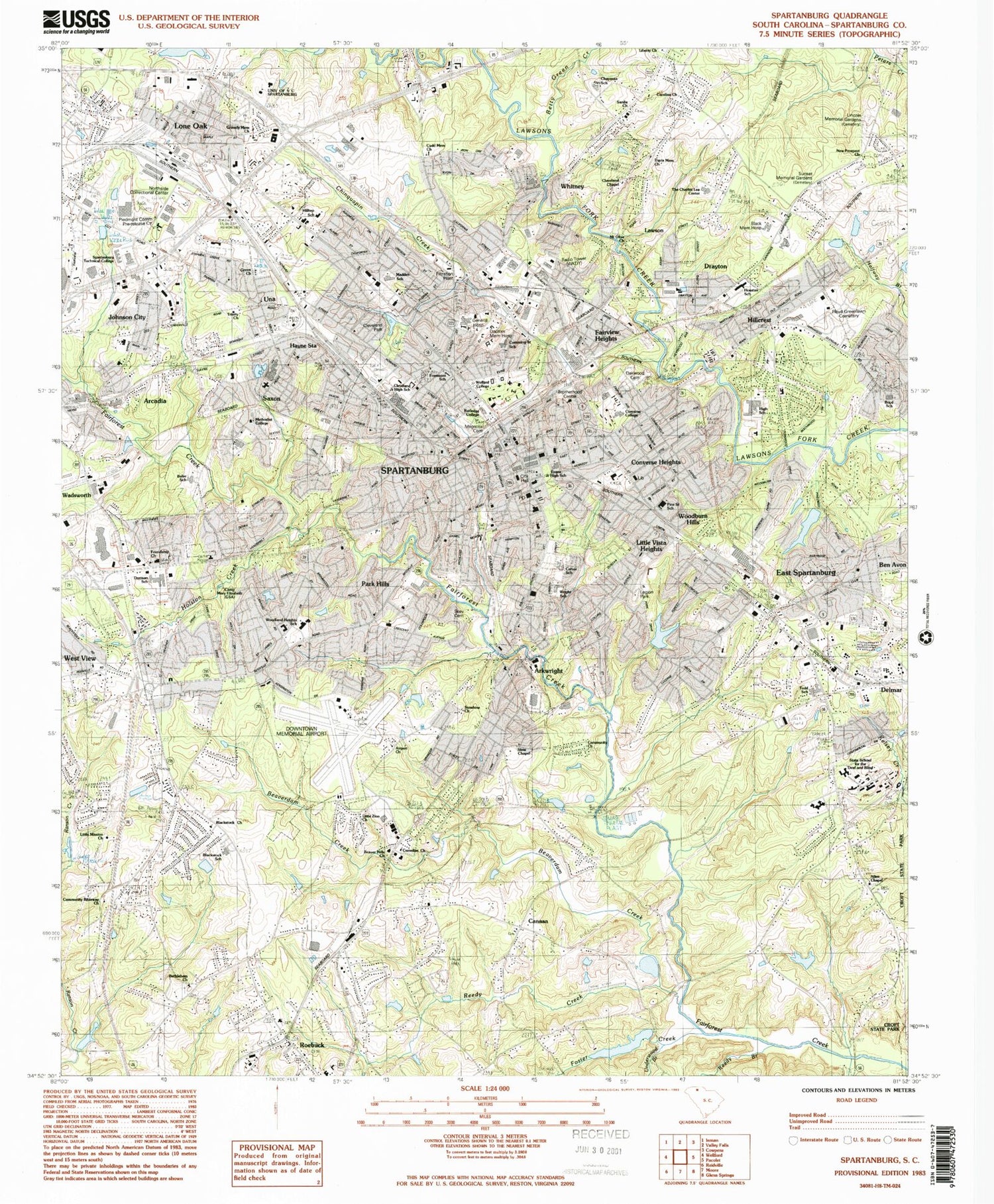 Classic USGS Spartanburg South Carolina 7.5'x7.5' Topo Map Image