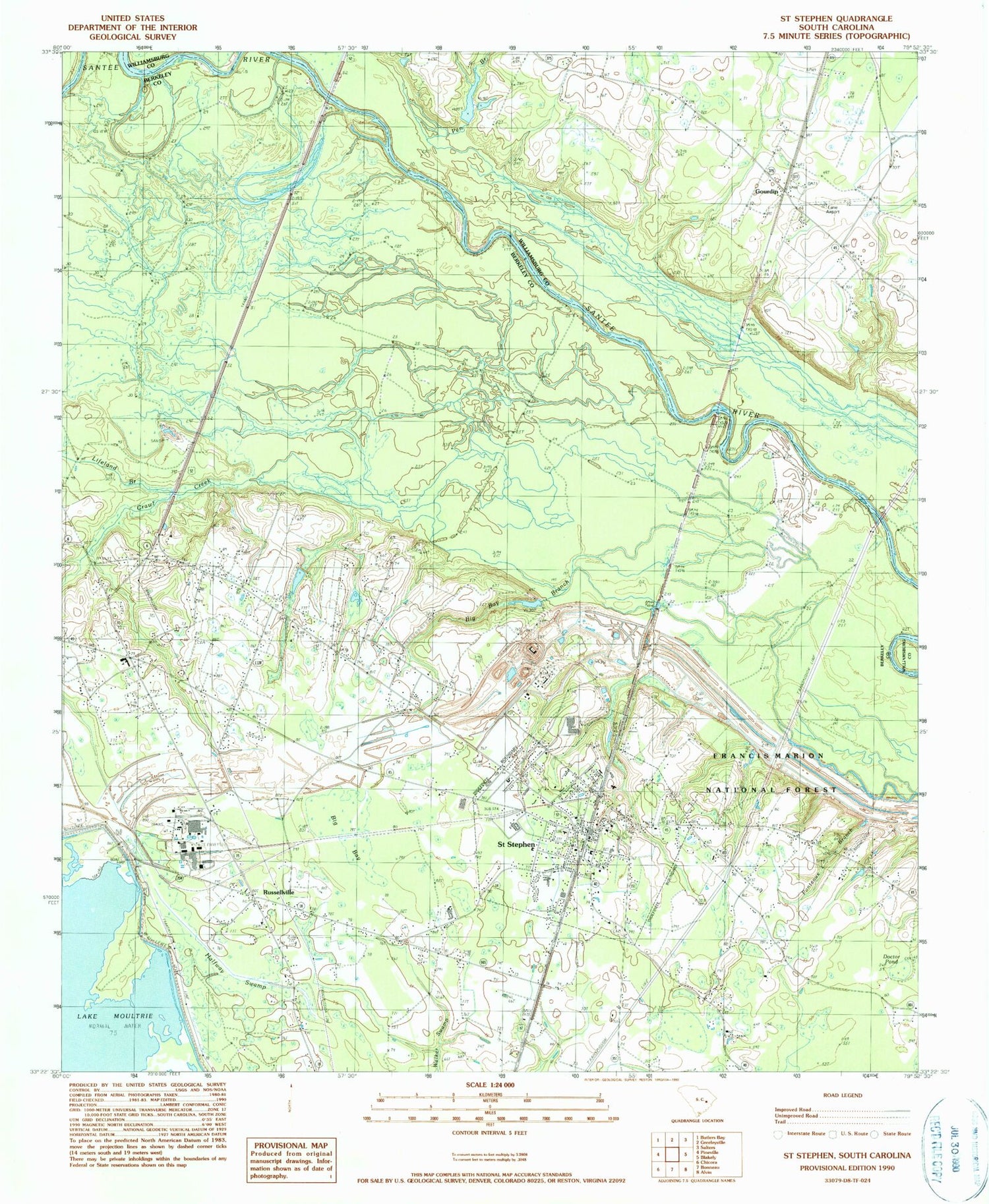 Classic USGS Saint Stephen South Carolina 7.5'x7.5' Topo Map Image