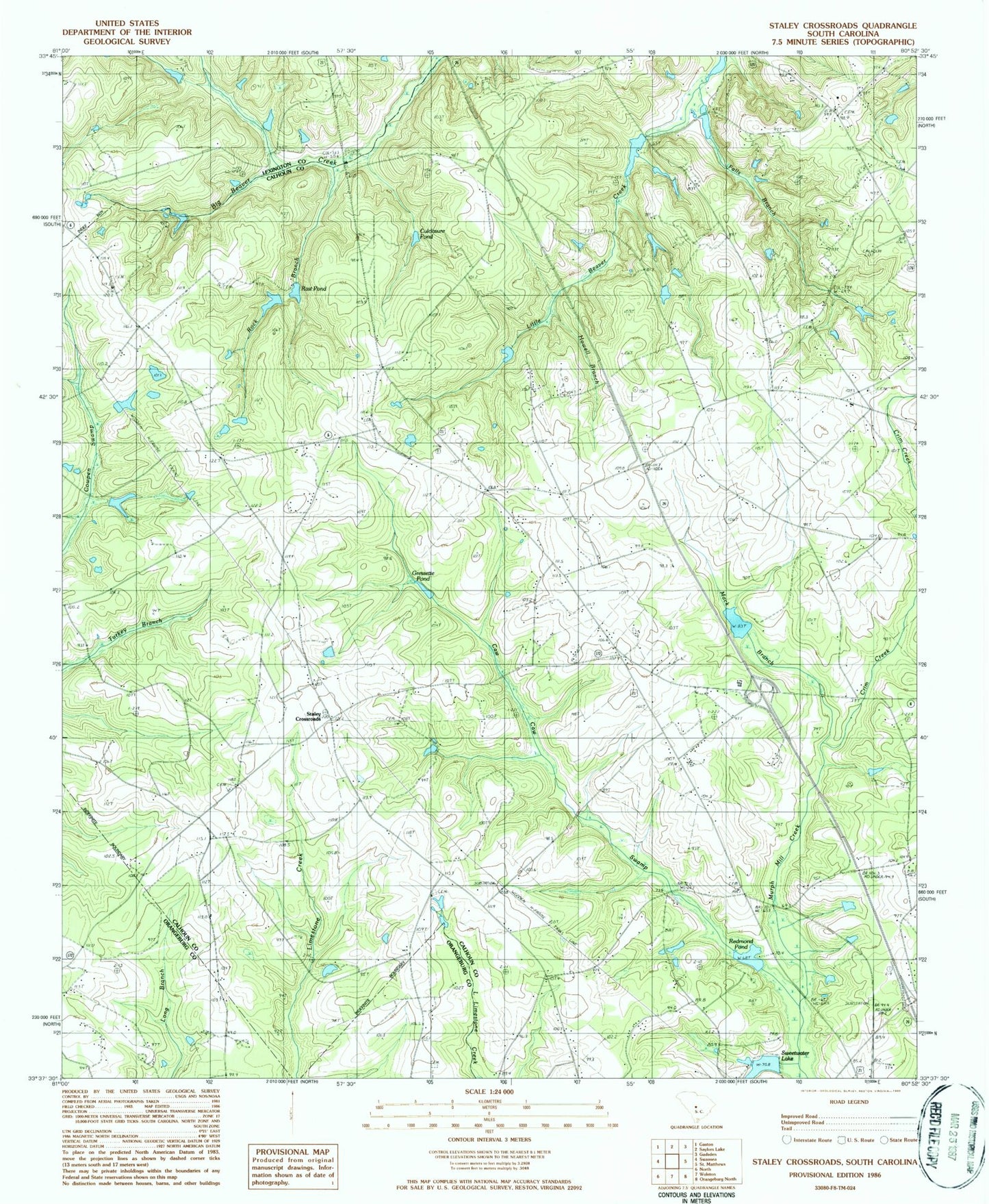 Classic USGS Staley Crossroads South Carolina 7.5'x7.5' Topo Map Image