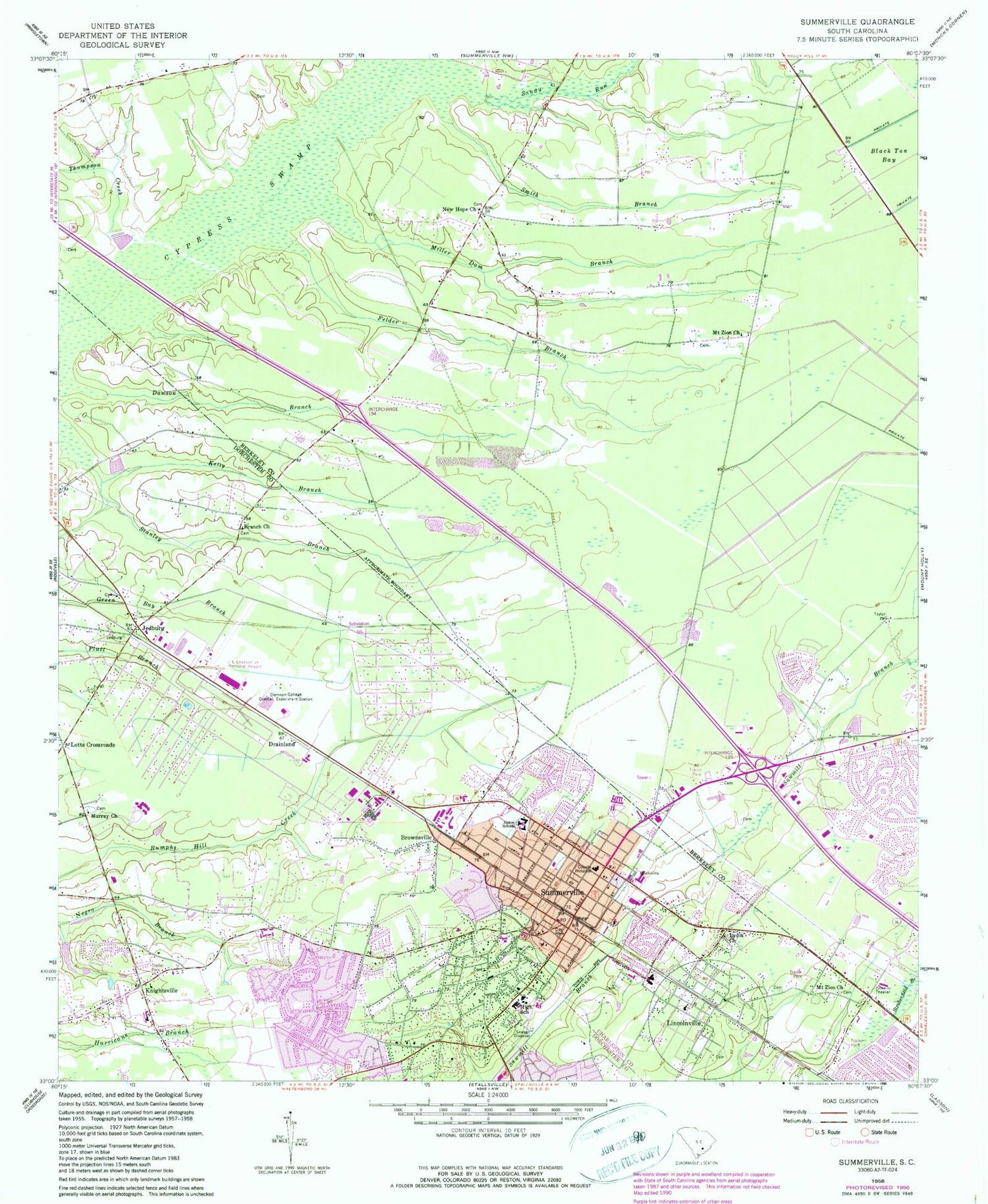 Classic USGS Summerville South Carolina 7.5'x7.5' Topo Map Image