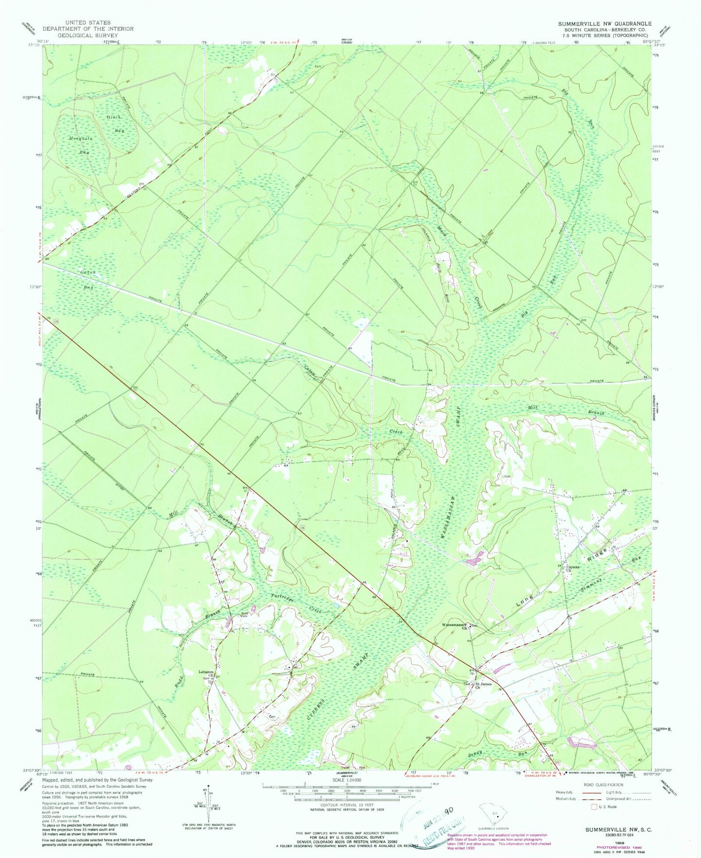 Classic USGS Summerville NW South Carolina 7.5'x7.5' Topo Map Image
