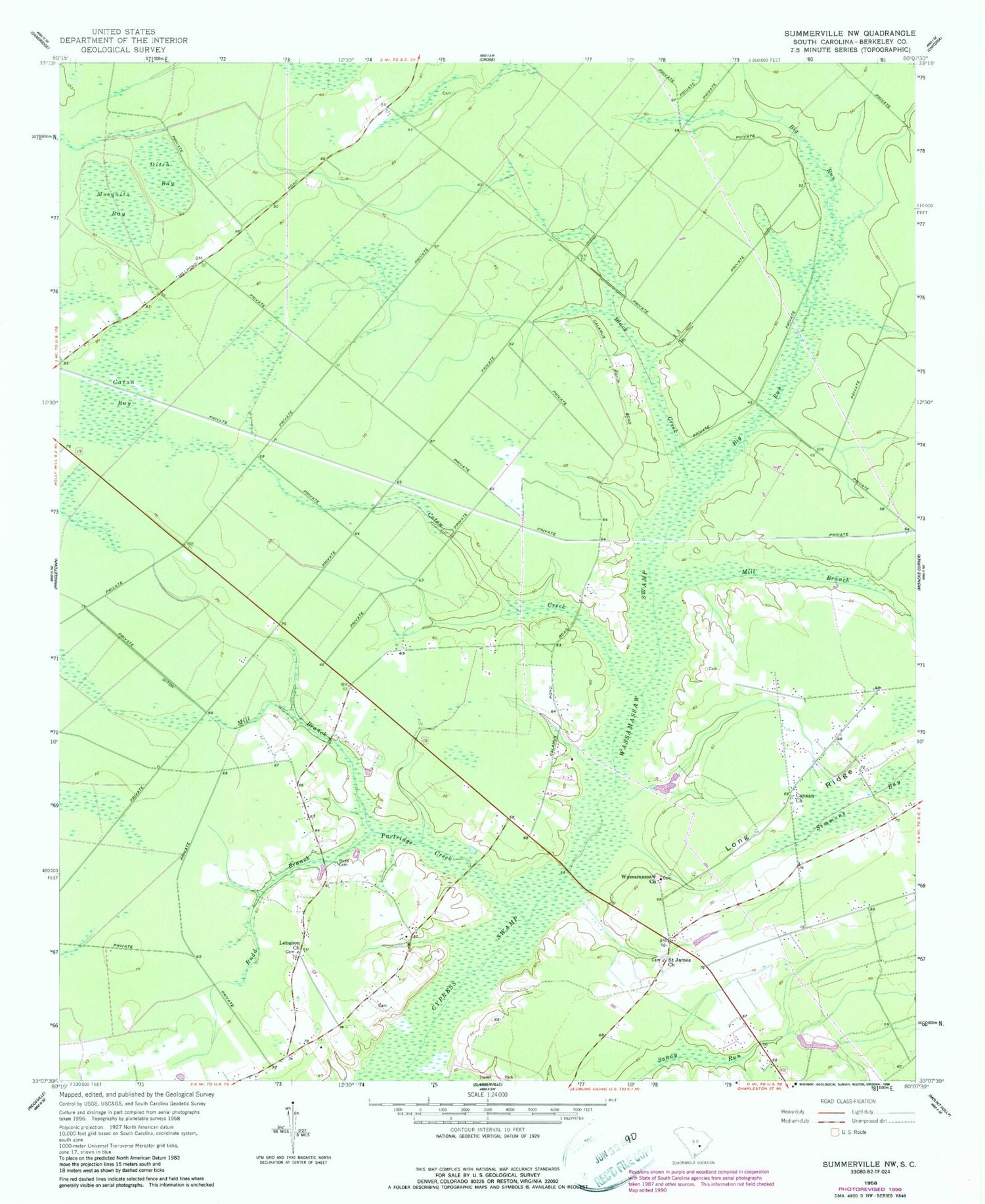 Classic USGS Summerville NW South Carolina 7.5'x7.5' Topo Map Image