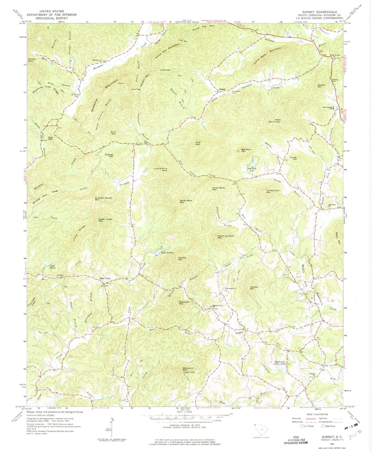 Classic USGS Sunset South Carolina 7.5'x7.5' Topo Map Image