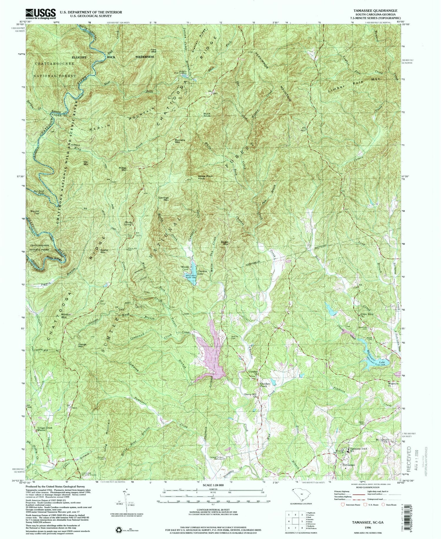Classic USGS Tamassee South Carolina 7.5'x7.5' Topo Map Image