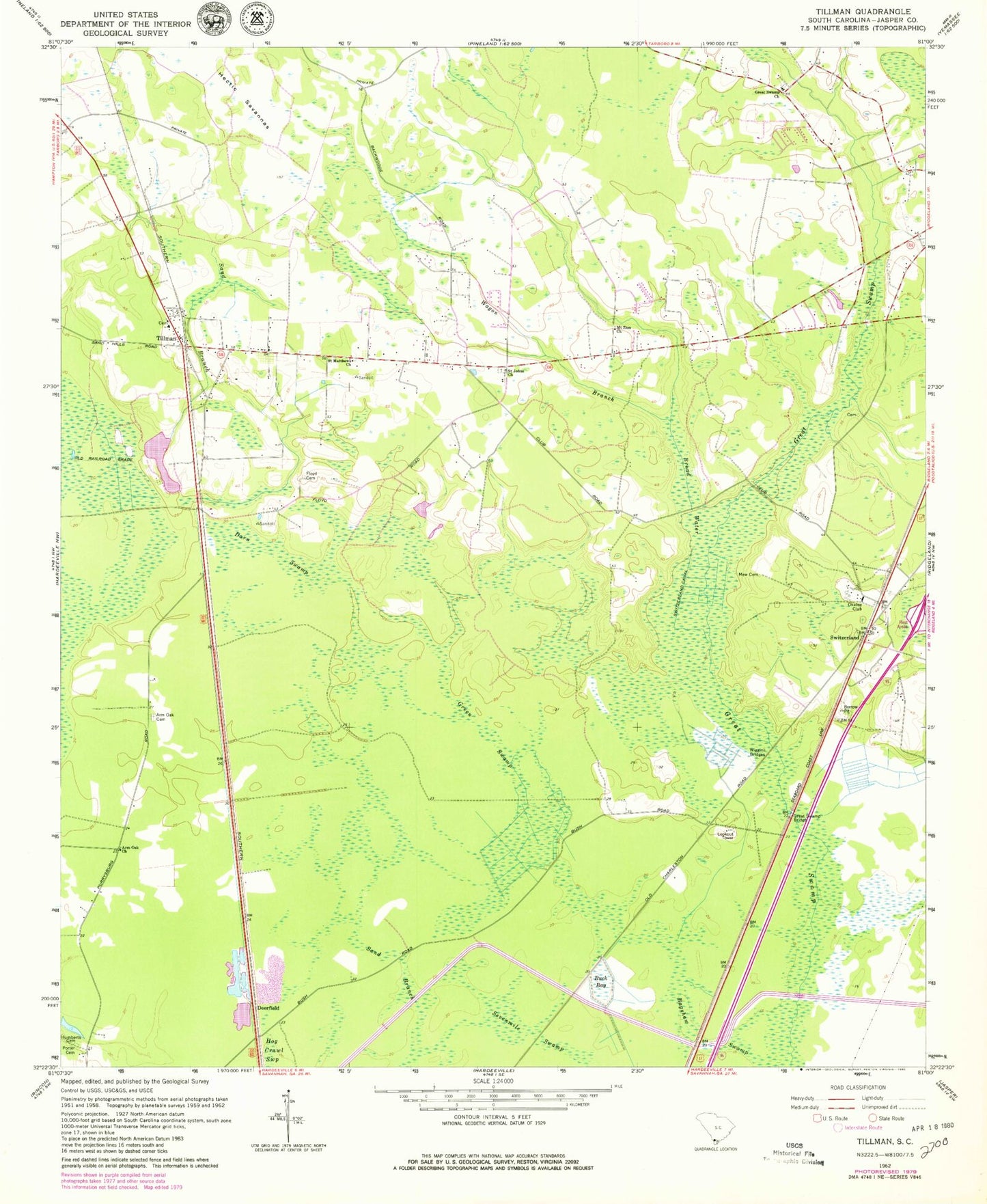 Classic USGS Tillman South Carolina 7.5'x7.5' Topo Map Image