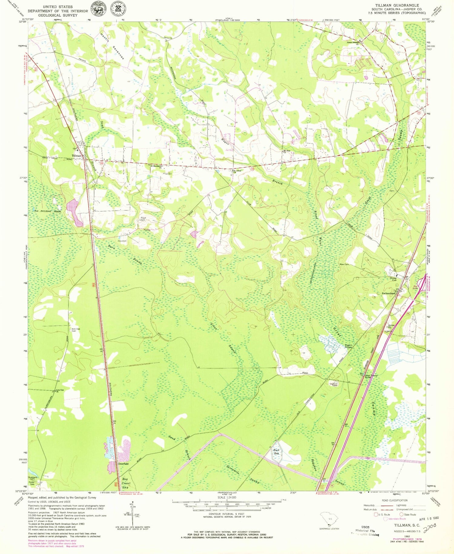 Classic USGS Tillman South Carolina 7.5'x7.5' Topo Map Image