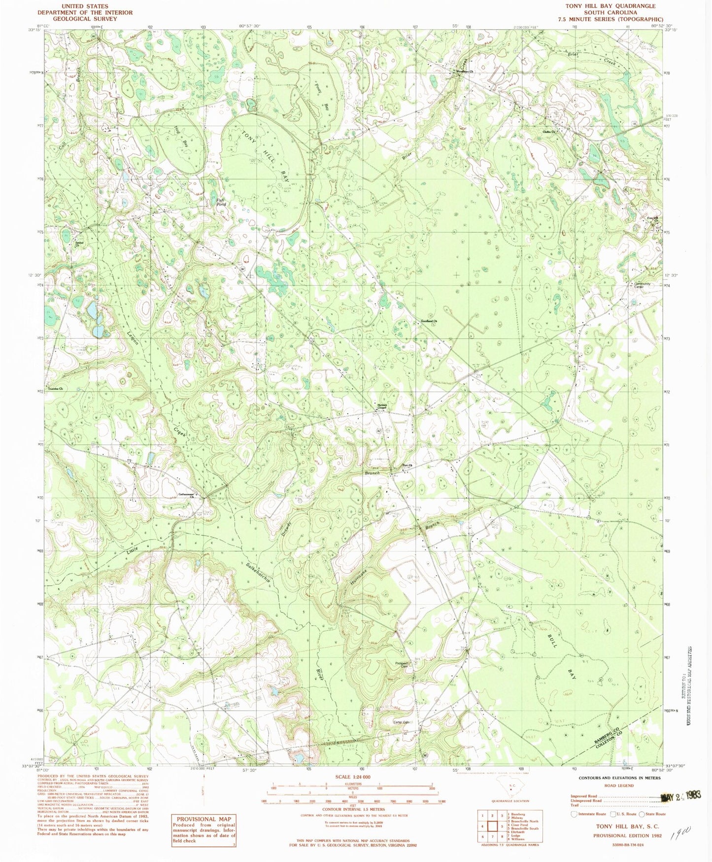 Classic USGS Tony Hill Bay South Carolina 7.5'x7.5' Topo Map Image