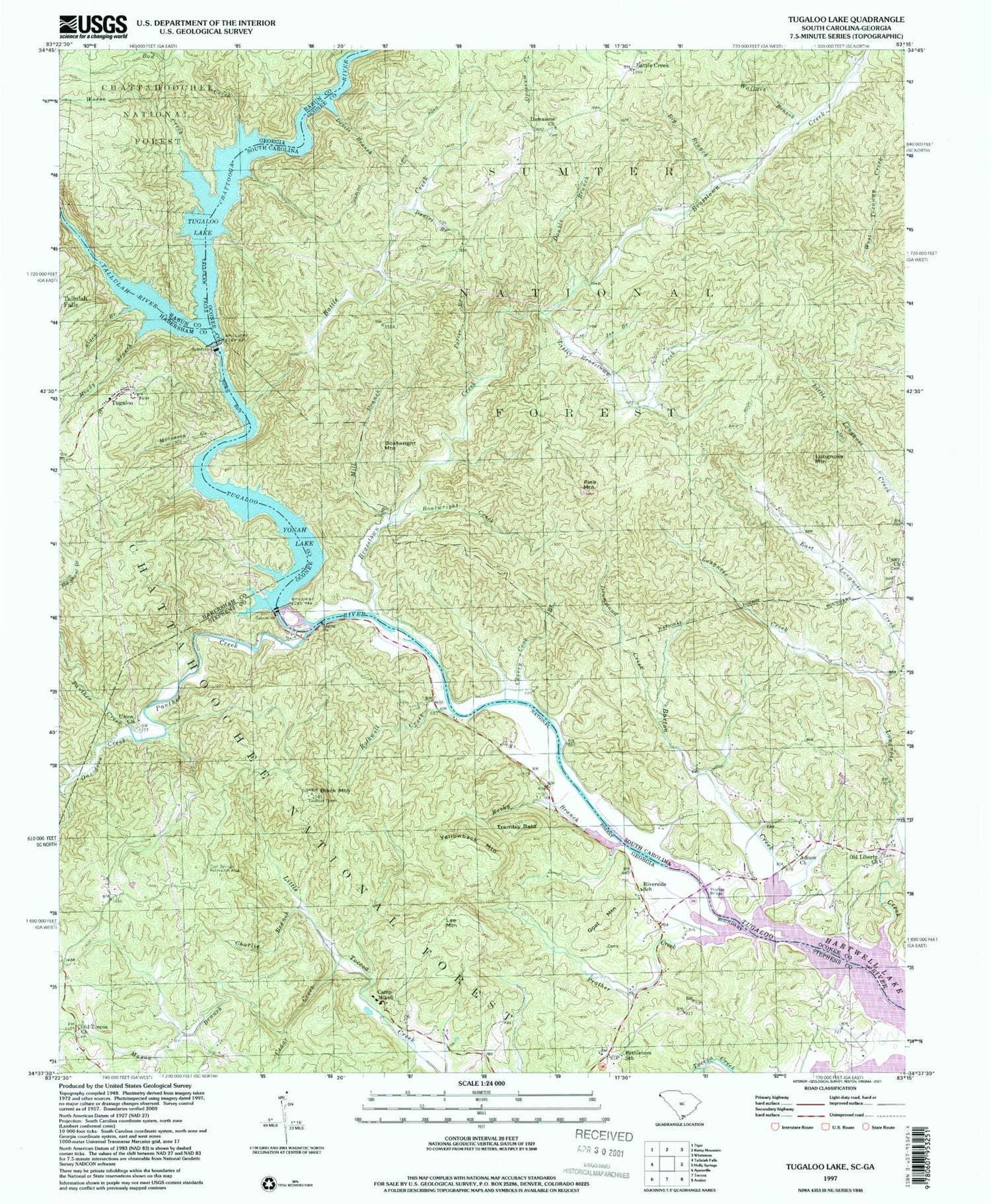 Classic USGS Tugaloo Lake Georgia 7.5'x7.5' Topo Map Image