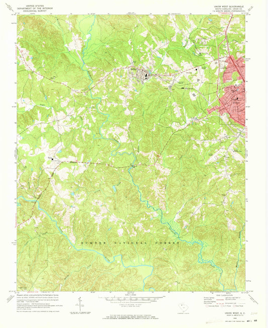 Classic USGS Union West South Carolina 7.5'x7.5' Topo Map Image