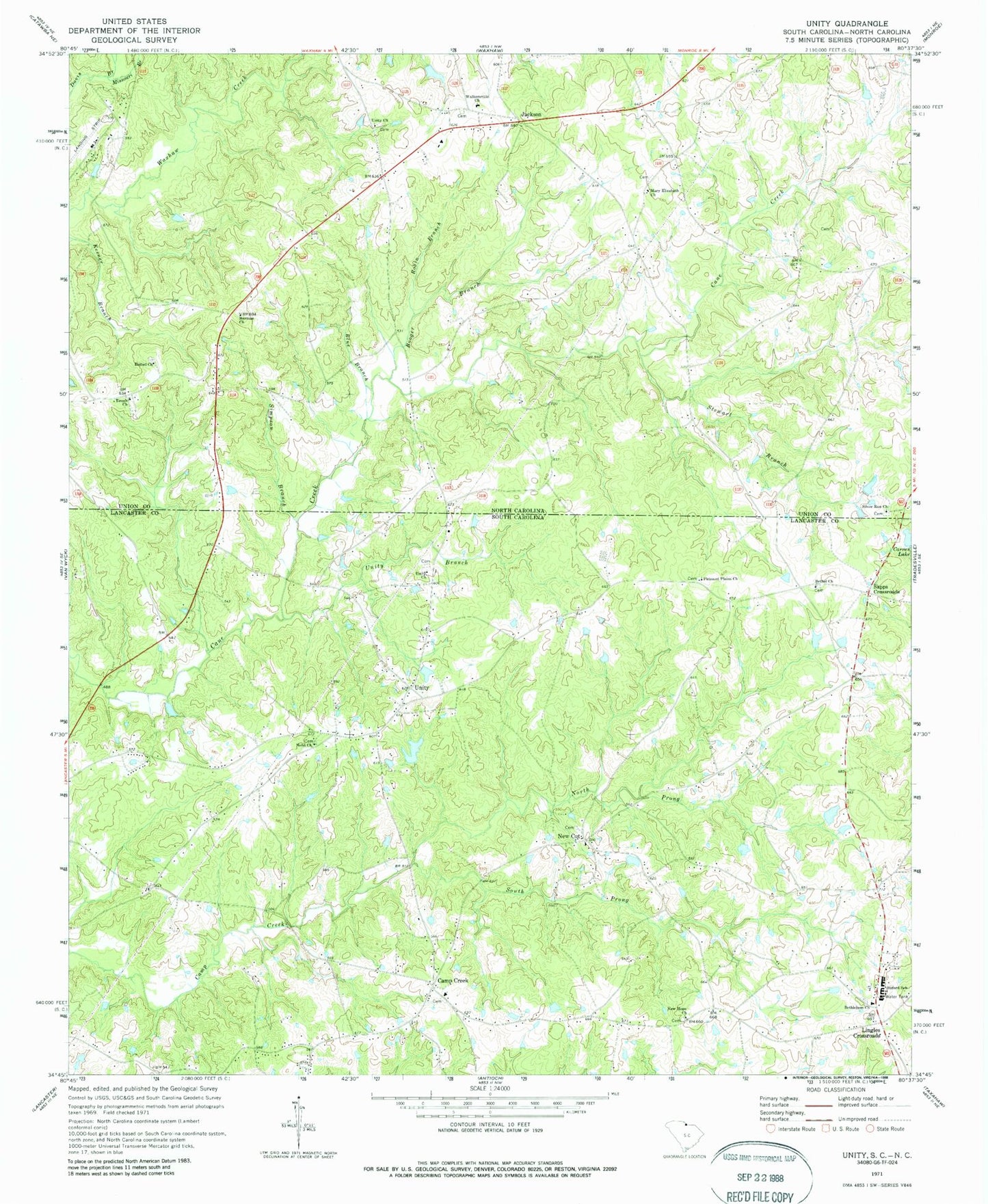 Classic USGS Unity South Carolina 7.5'x7.5' Topo Map Image